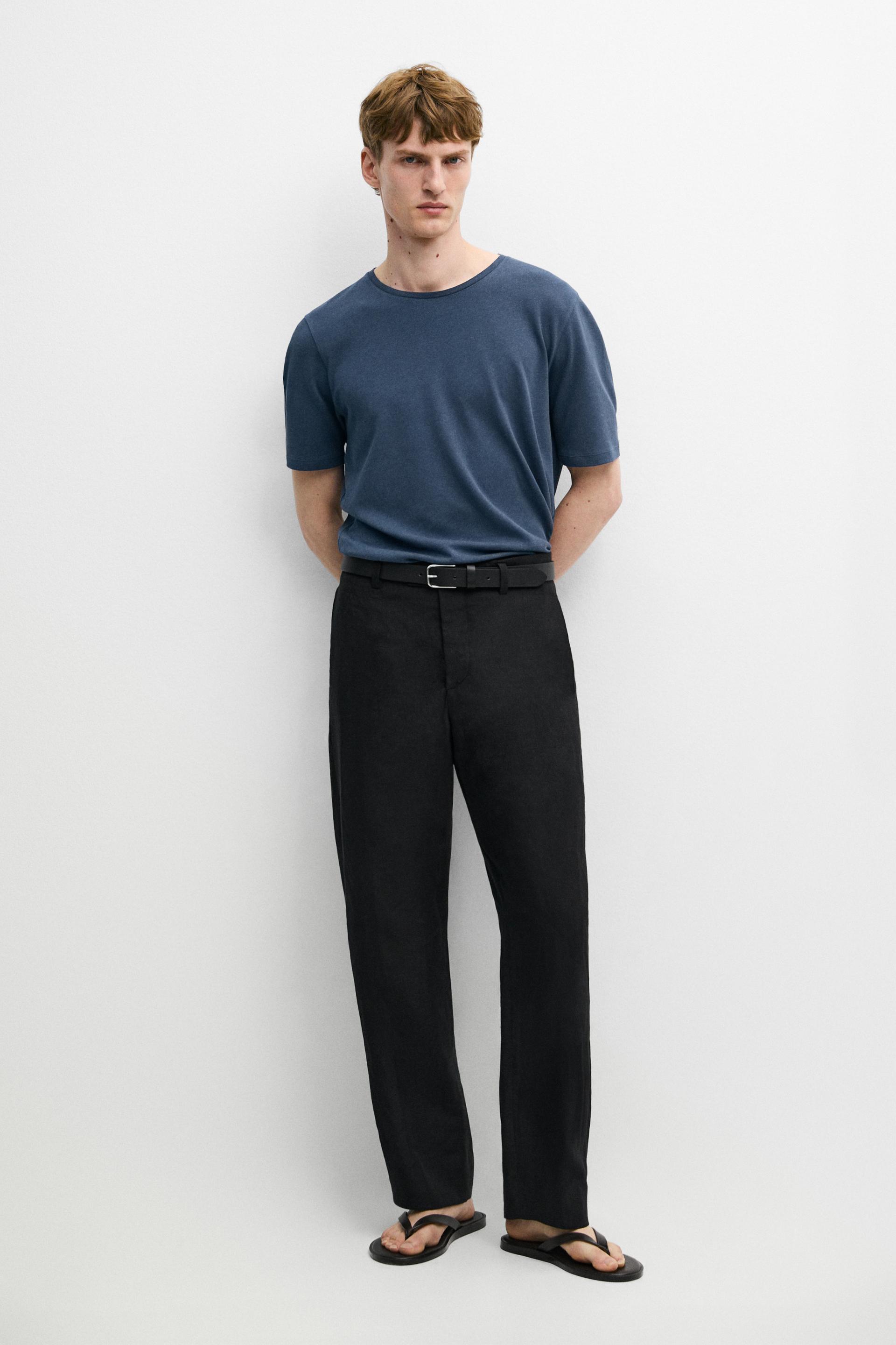 T-Shirt À Manches Courtes En Lin Et Coton - Bleu - Xl - Massimo Dutti - Homme