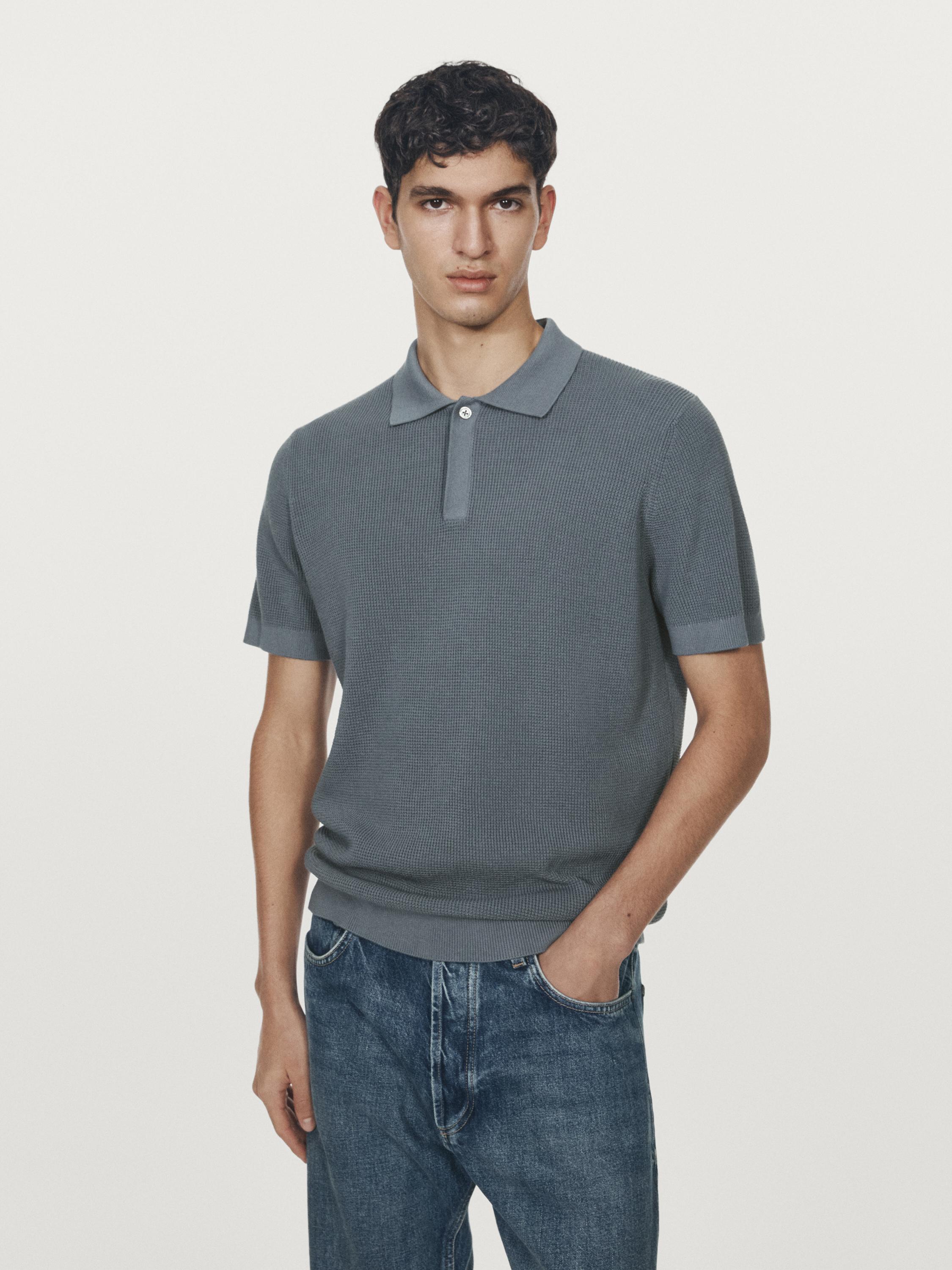 Textured cotton knit polo shirt — DEEP BLUE