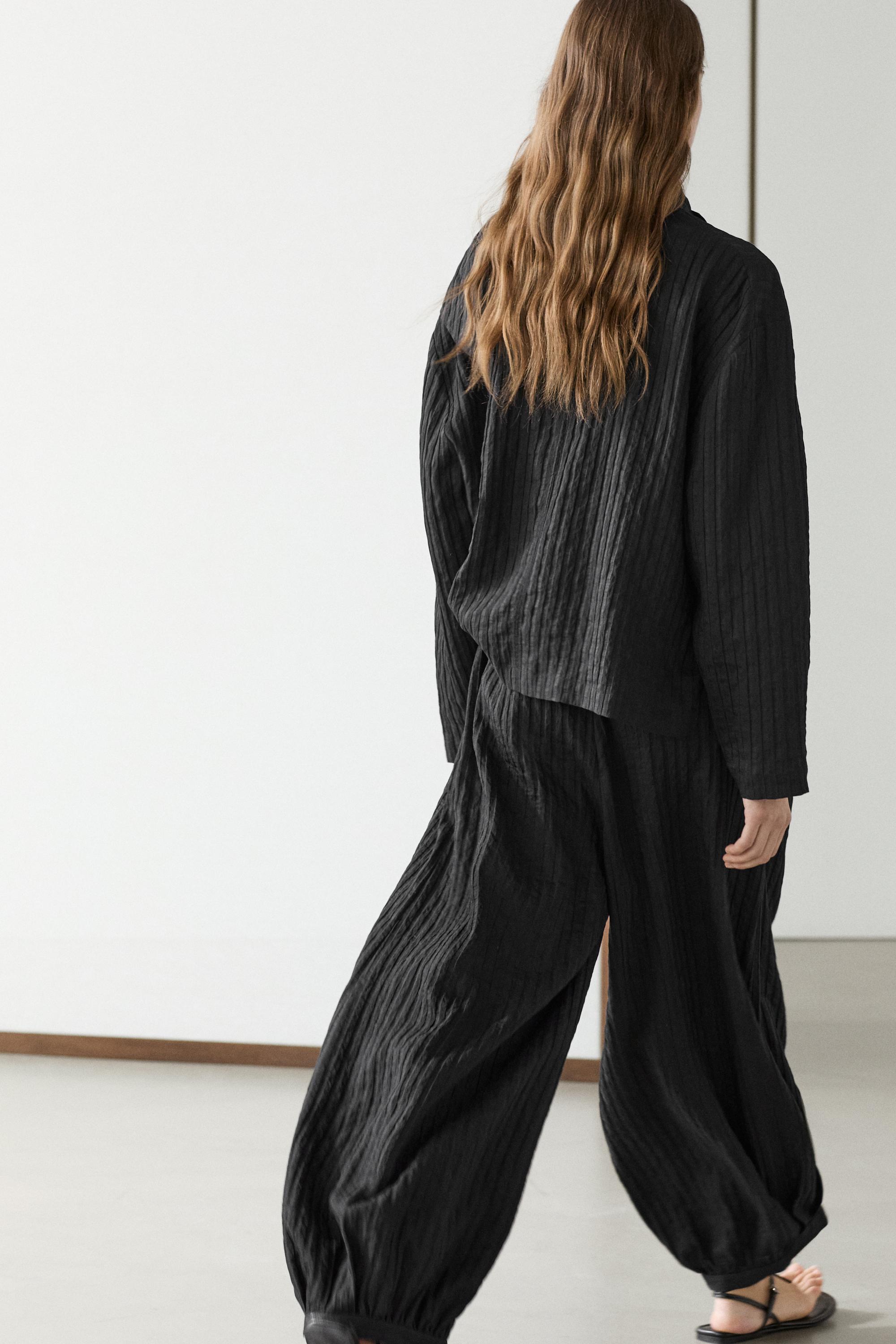 Flowing linen-blend drop crotch pants — BLACK