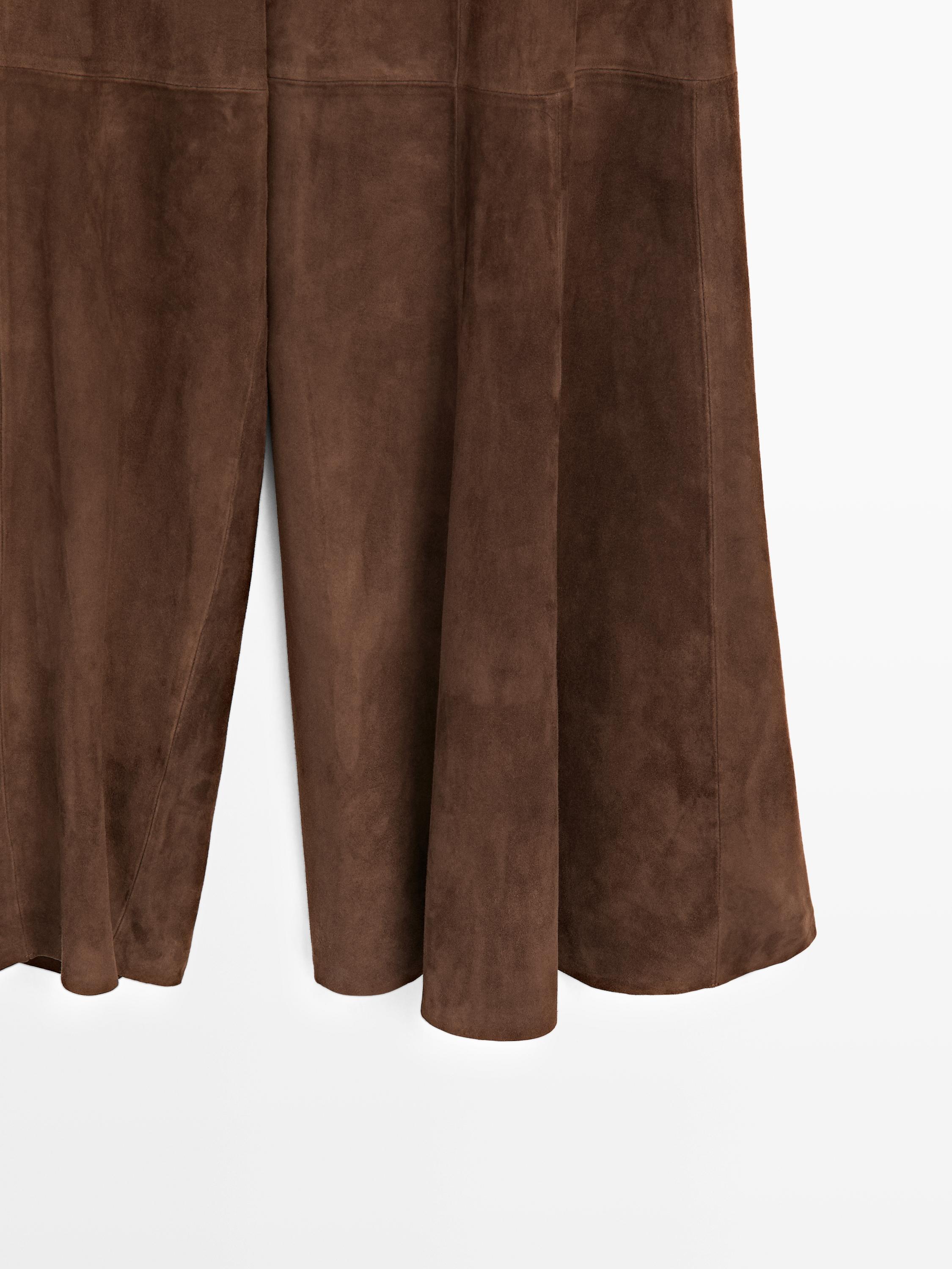 Suede leather flared trousers — BROWN