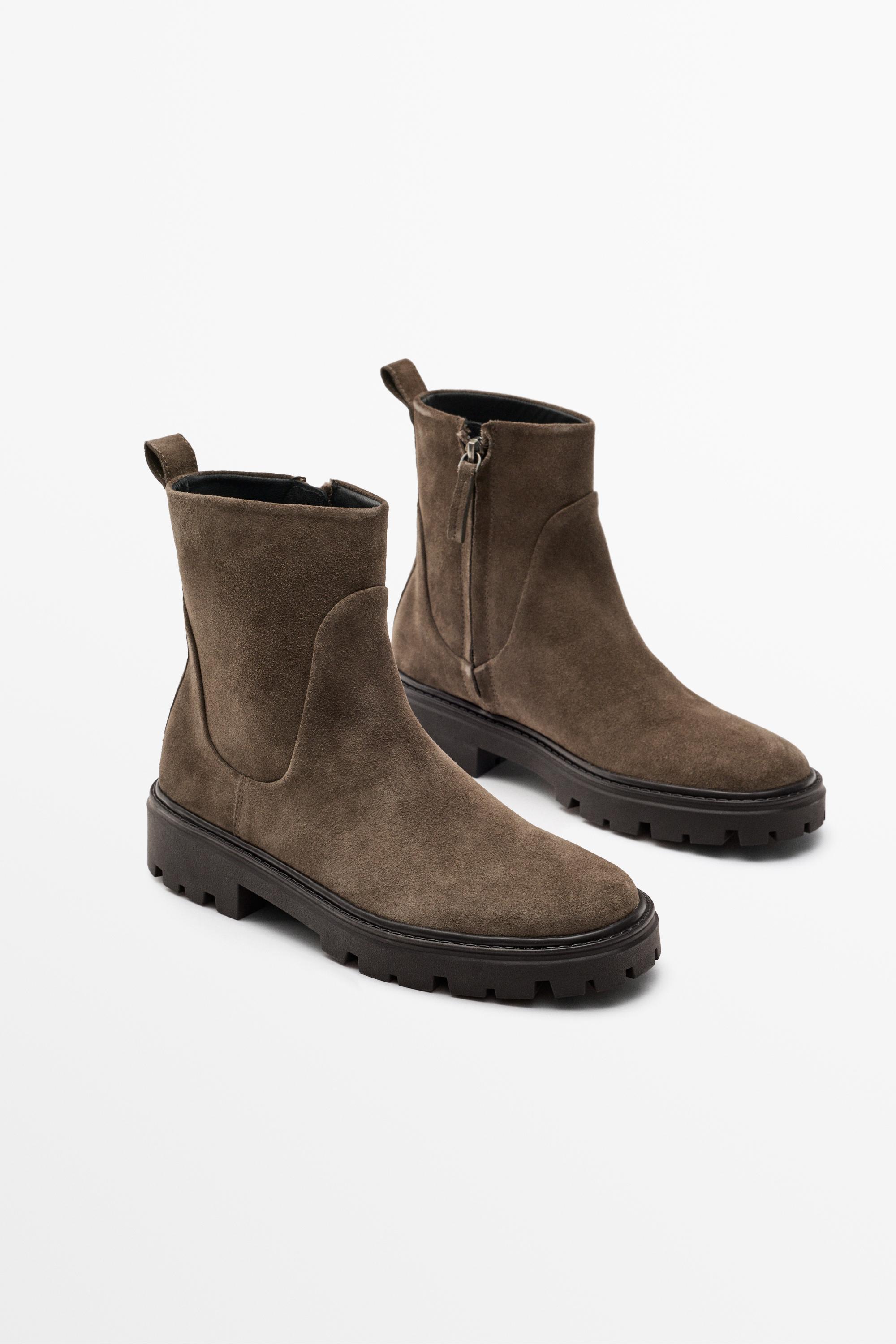 Flat split suede leather ankle boot with track sole