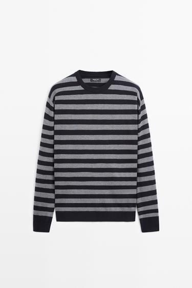 Cotton blend striped knit sweater — NAVY BLUE 2