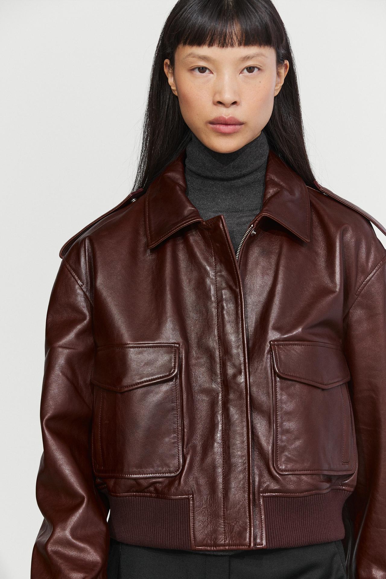 Nappa leather bomber jacket with pockets — MAROON