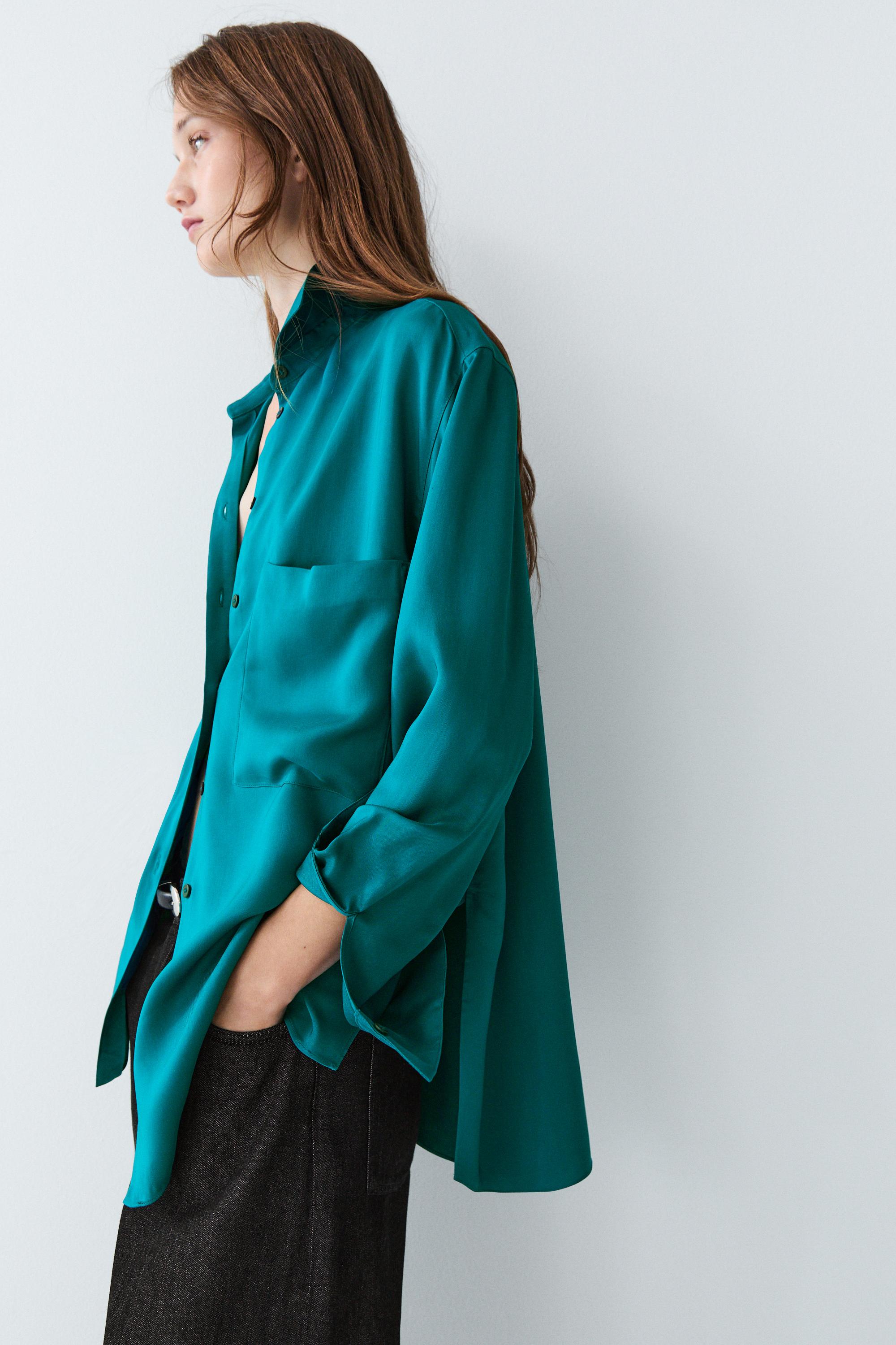 Flowing satin shirt with pockets — GREENISH BLUE