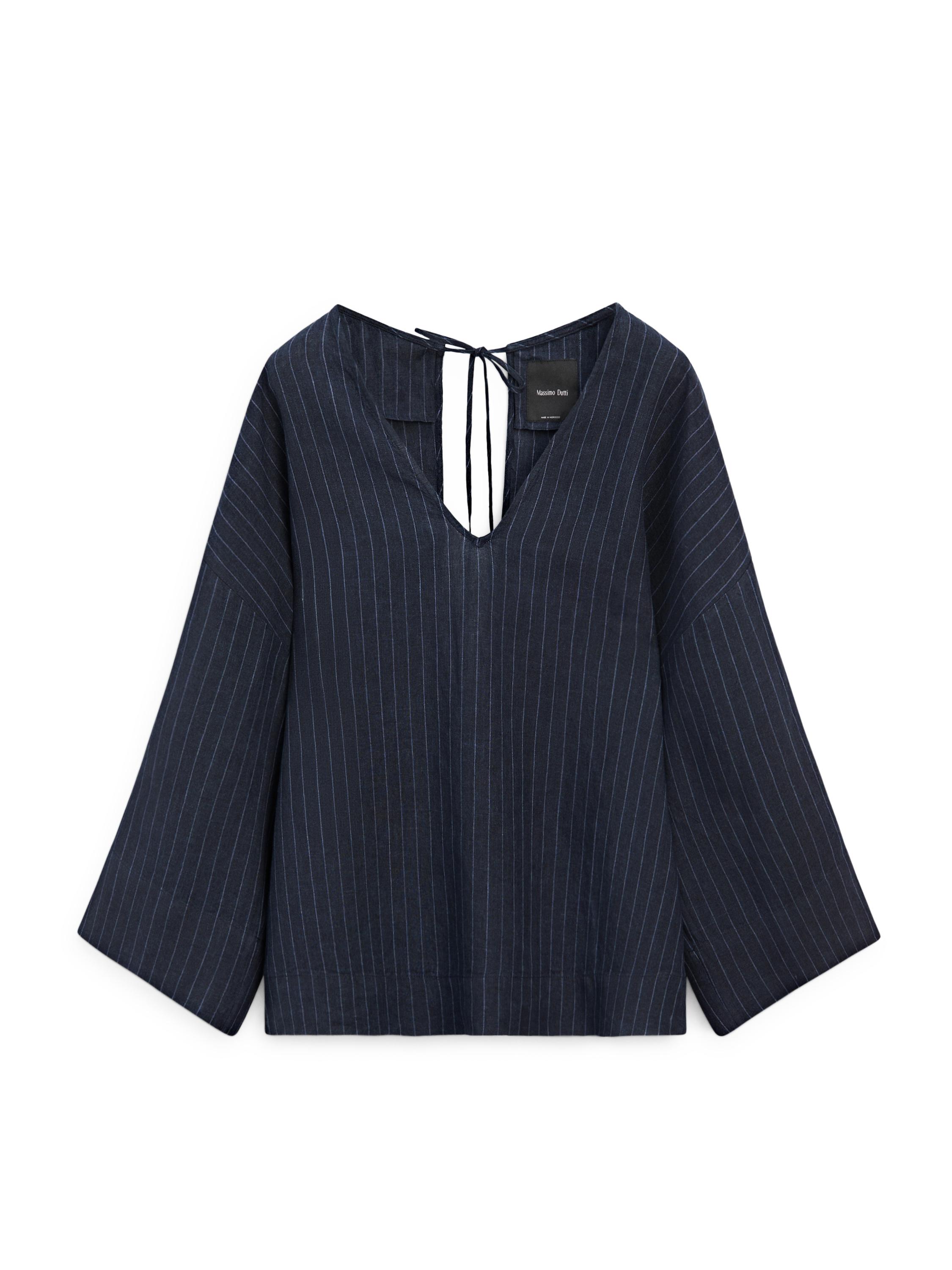 Striped linen blouse with back detail — DARK BLUE