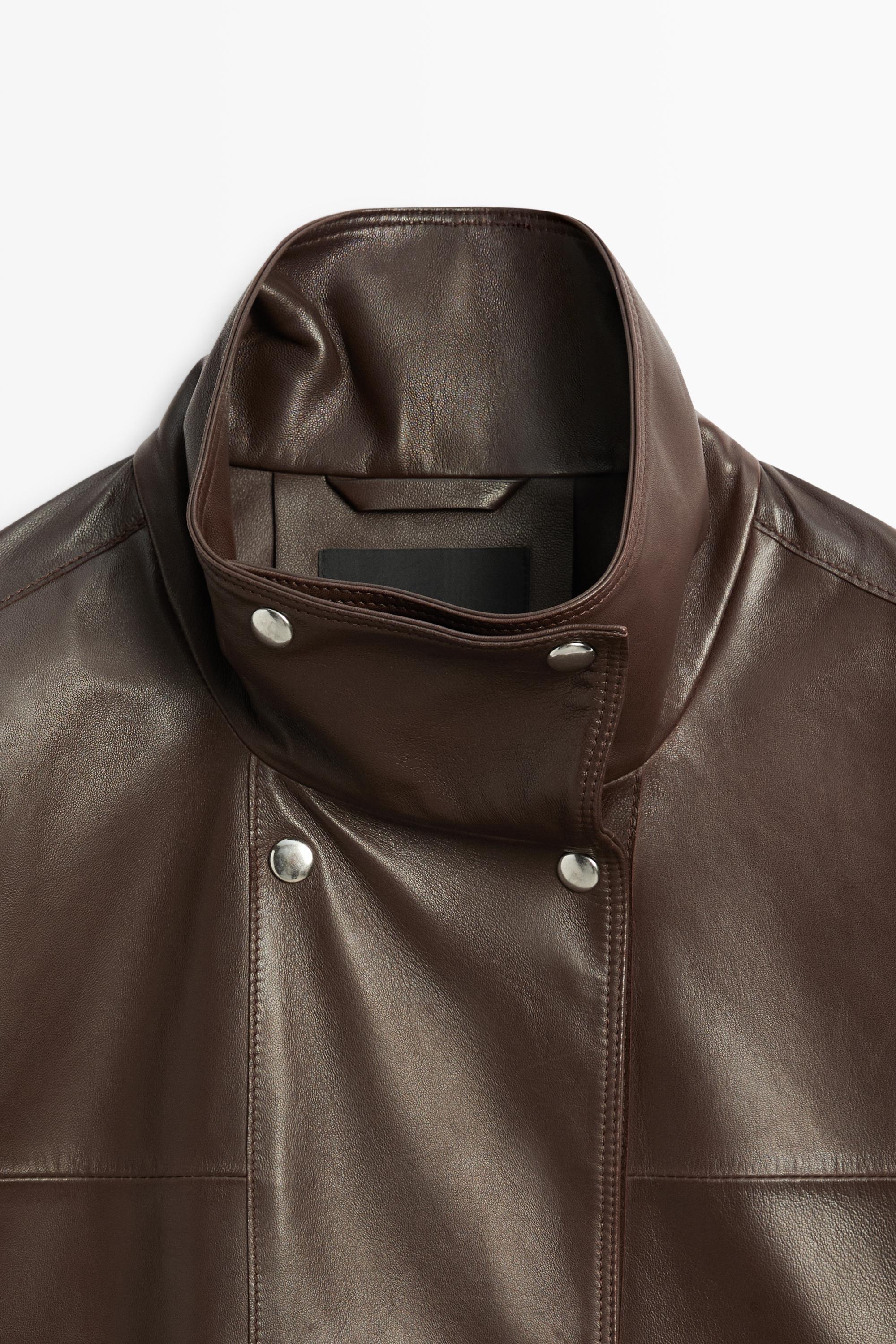 Nappa leather button-placket jacket — BROWN