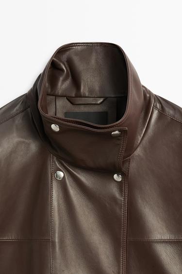 Nappa leather button-placket jacket — BROWN 9