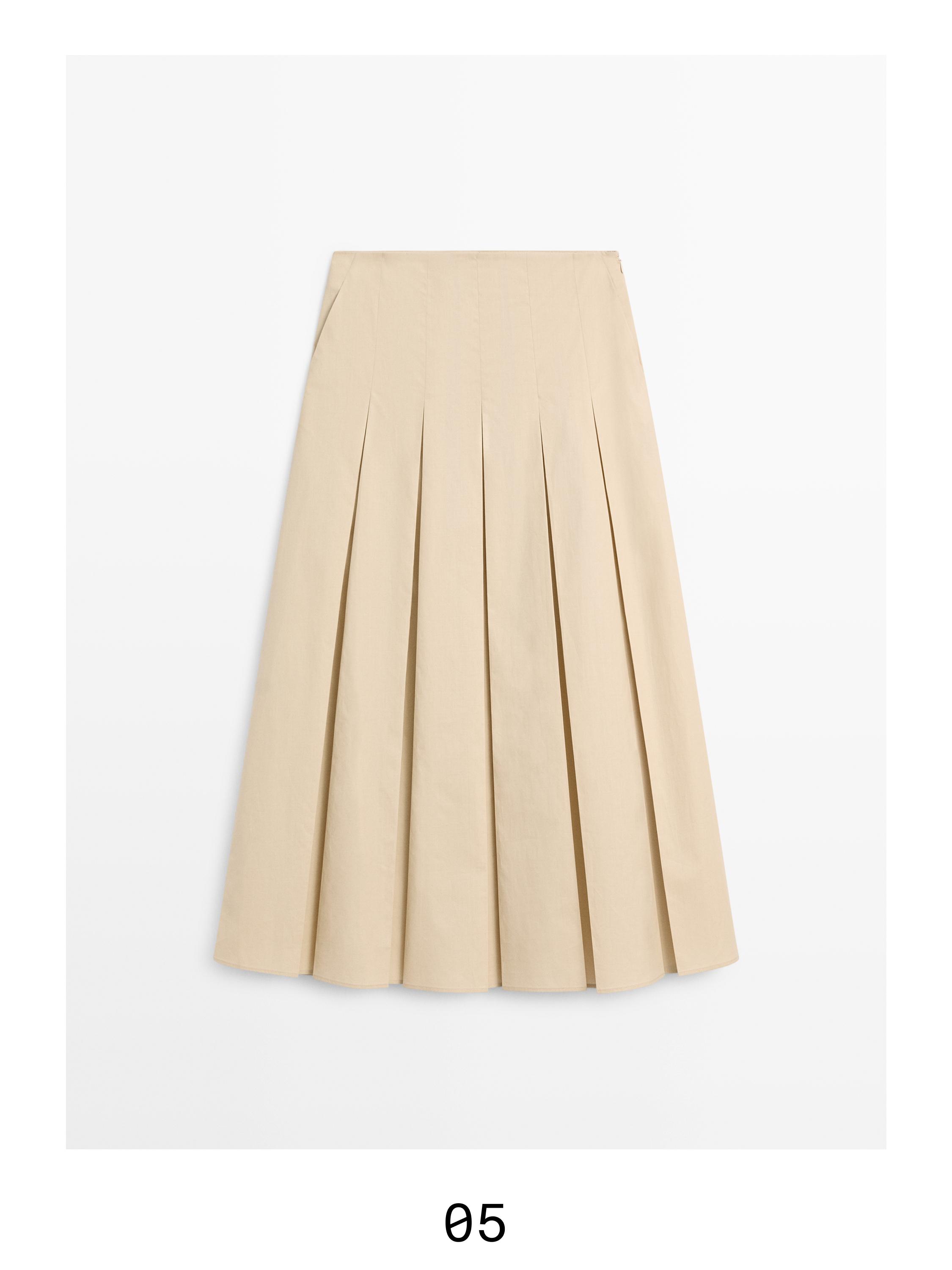 Cotton box pleat midi skirt — SAND