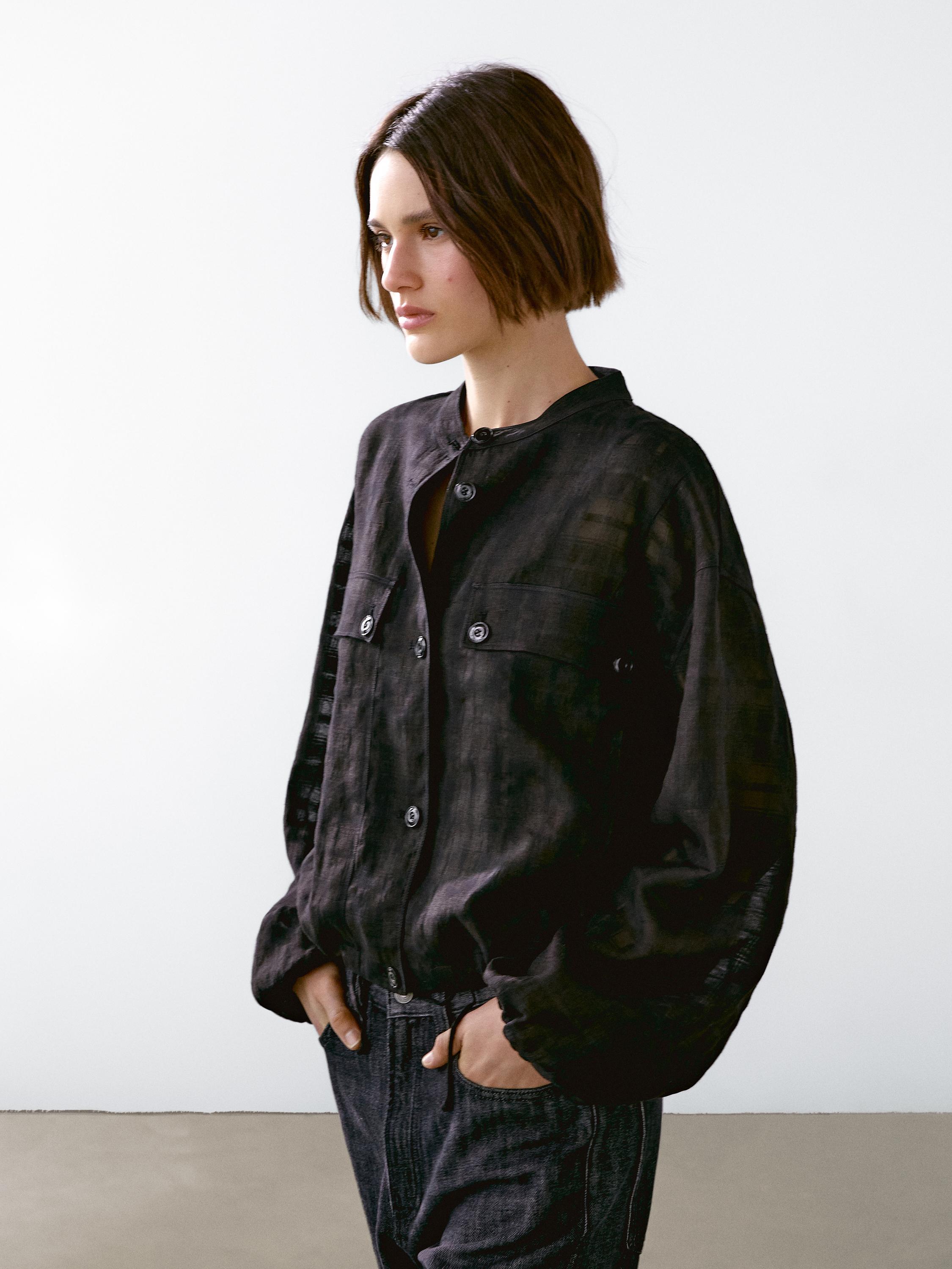 Linen blend check bomber jacket