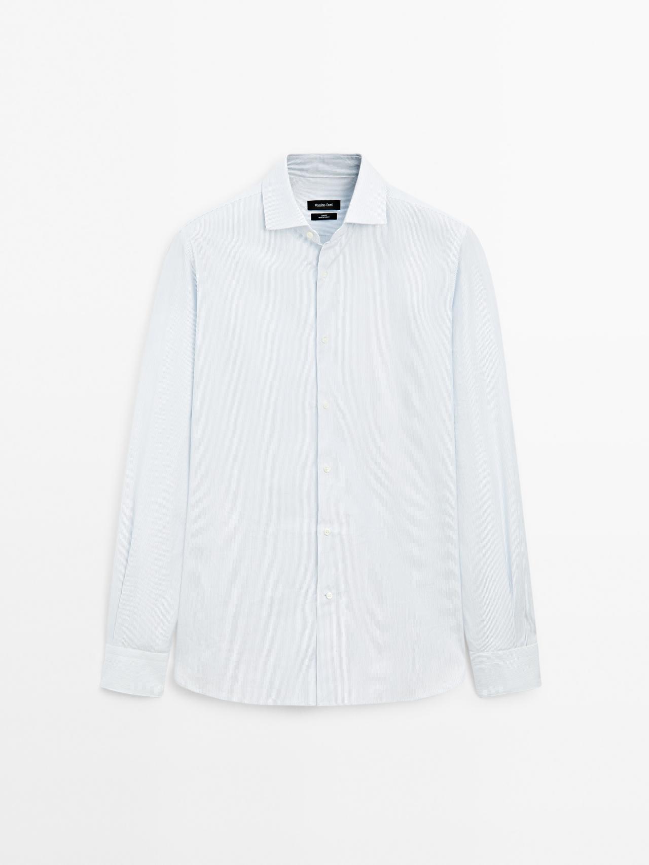 Massimo Dutti - Herre - Slim Fit, Mikrostribet Skjorte I 100 % Bomuld - Himmelblå - 40