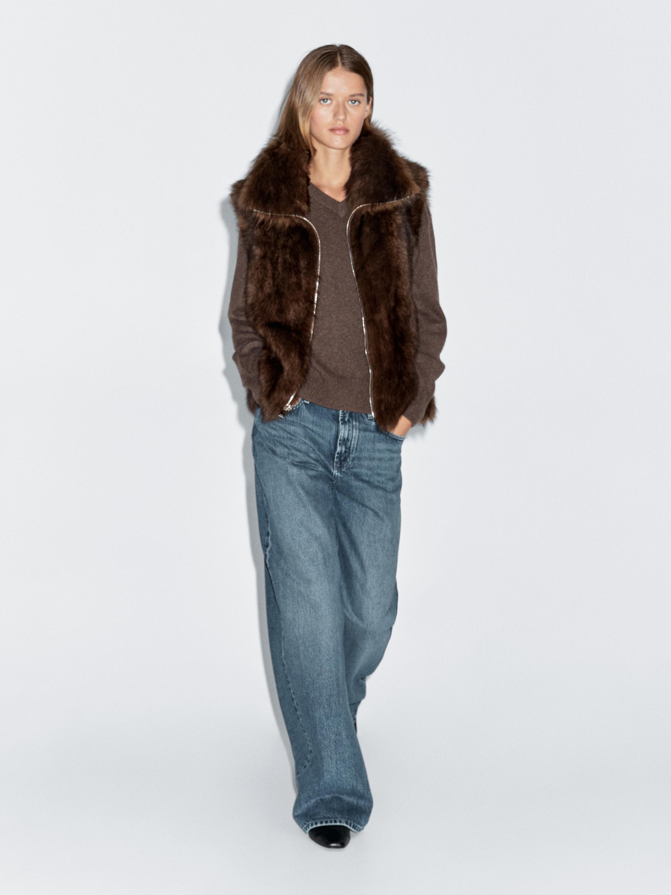 Leather high-neck waistcoat with fur — BROWN