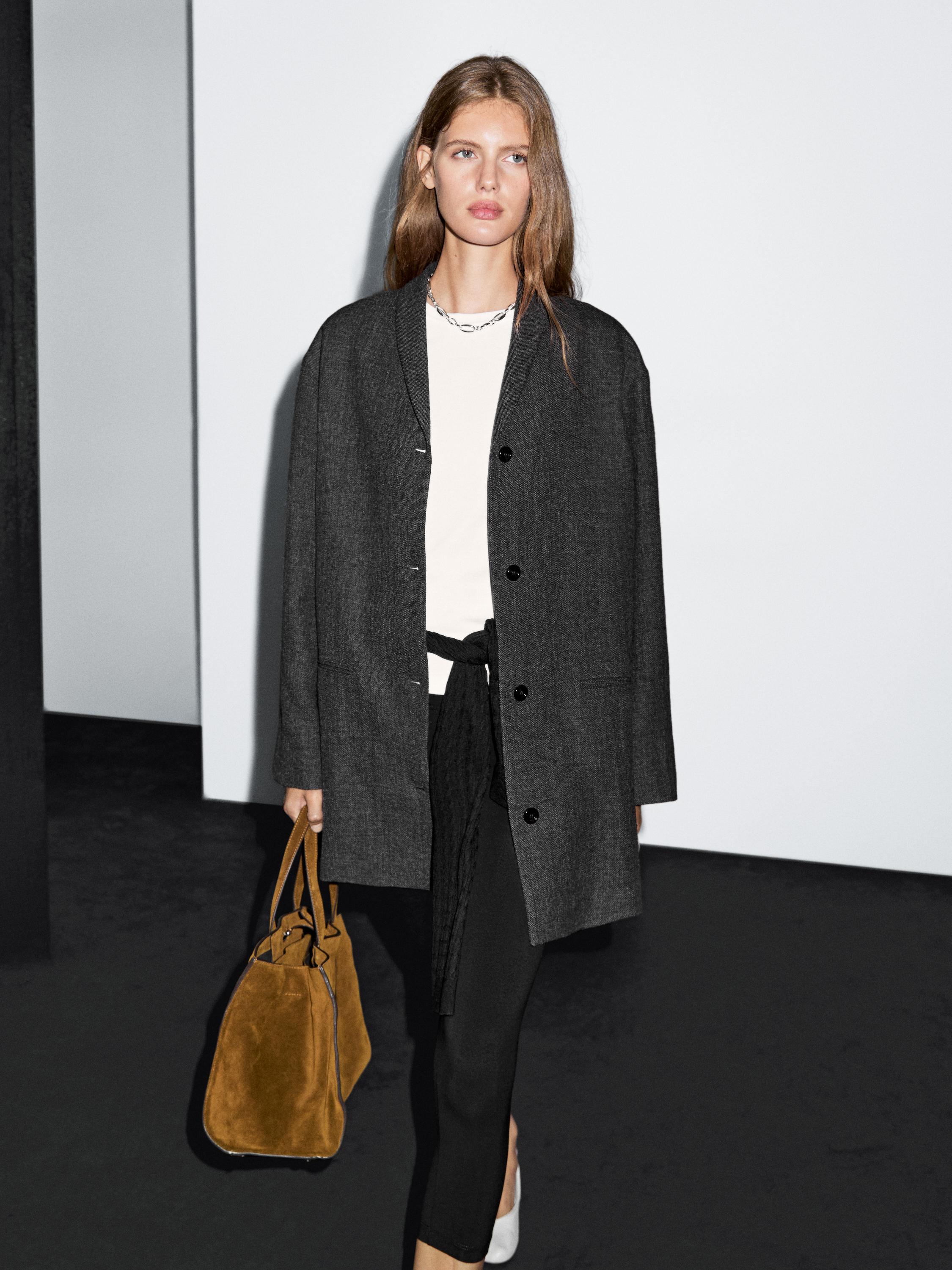 Mid-length wool blend coat with lapel collar