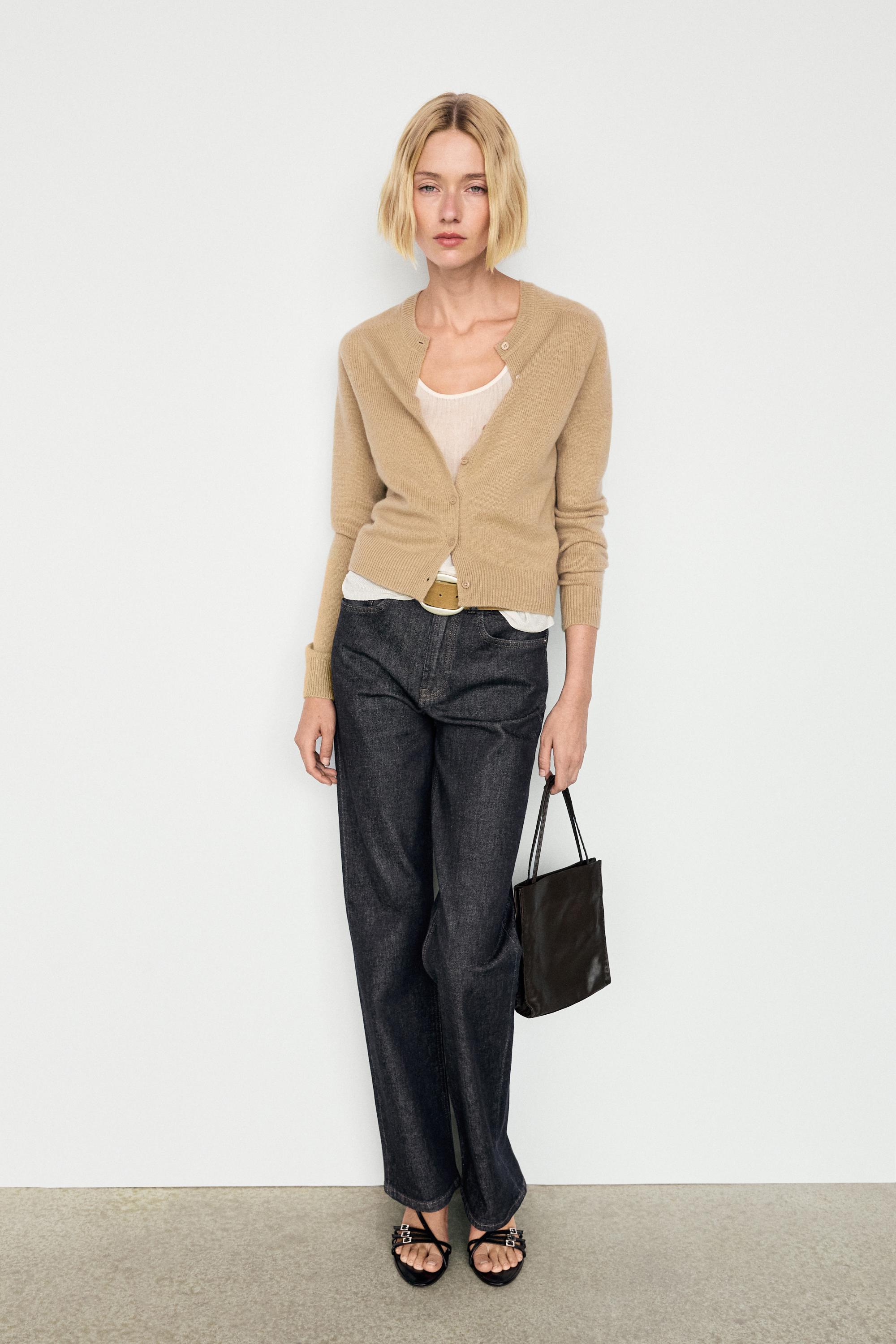 100% cashmere cropped knit cardigan — CAMEL
