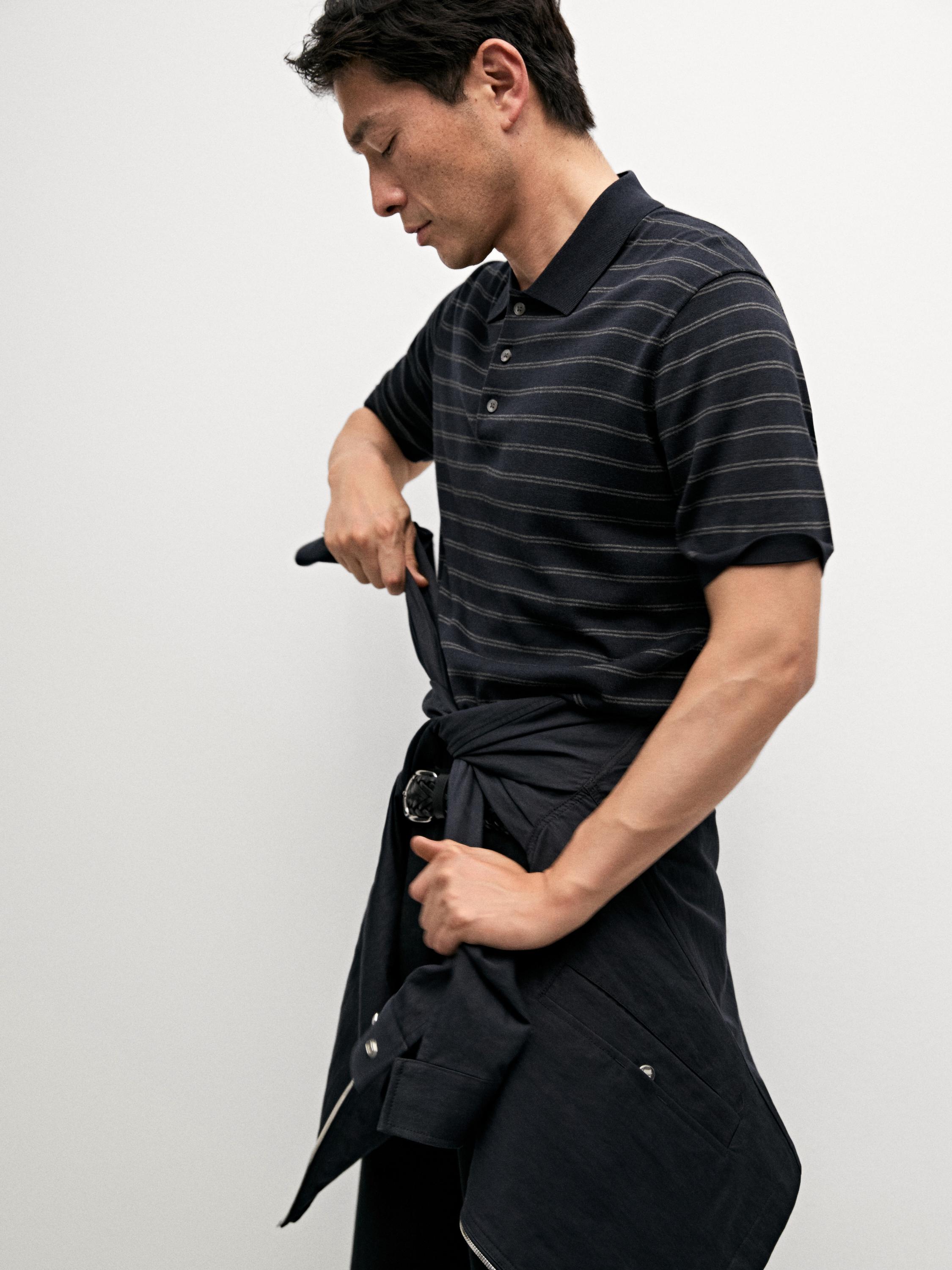 Cotton blend knit polo shirt with striped detail — NAVY BLUE