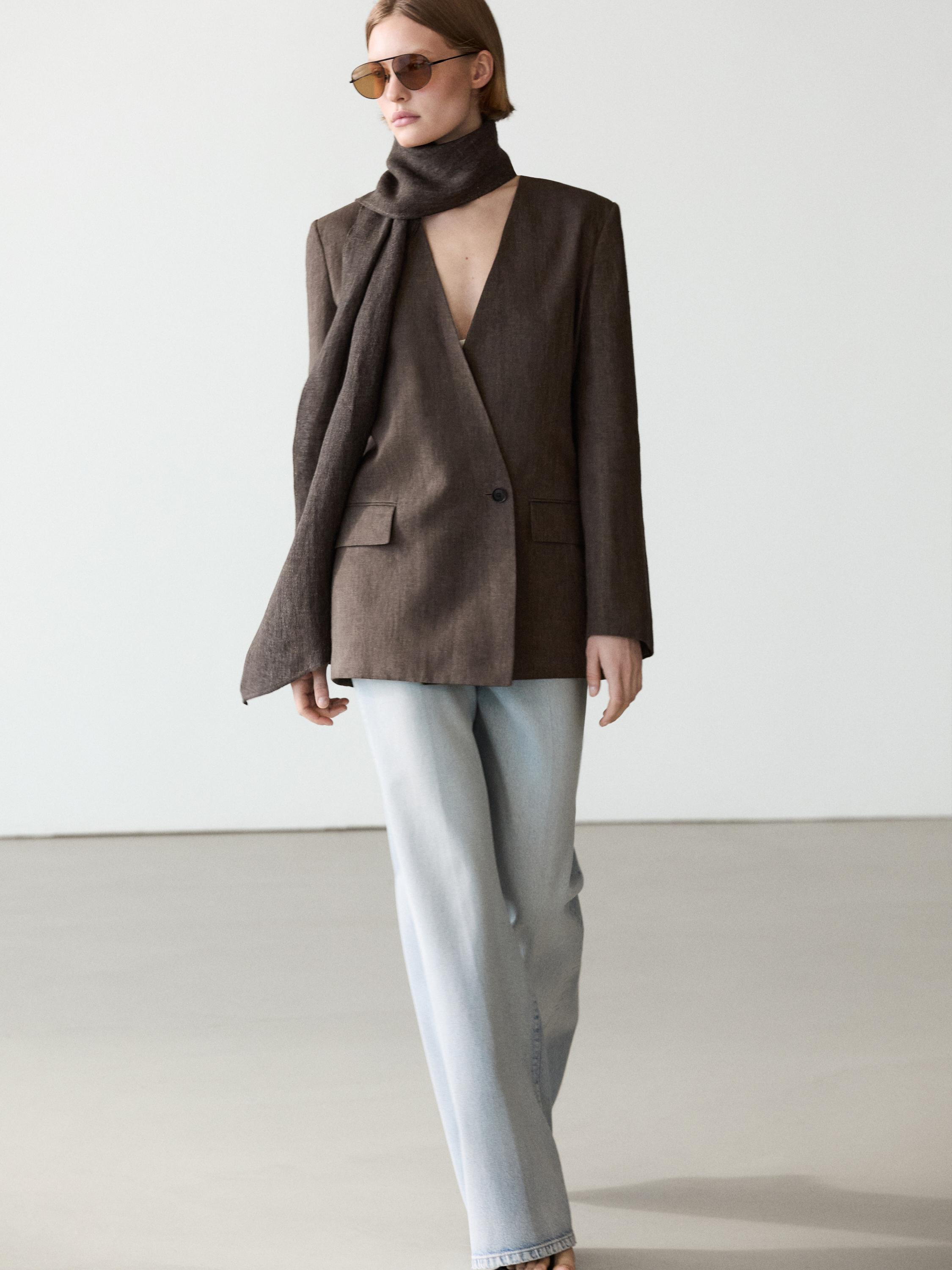 100% linen melange scarf blazer — MOLE BROWN