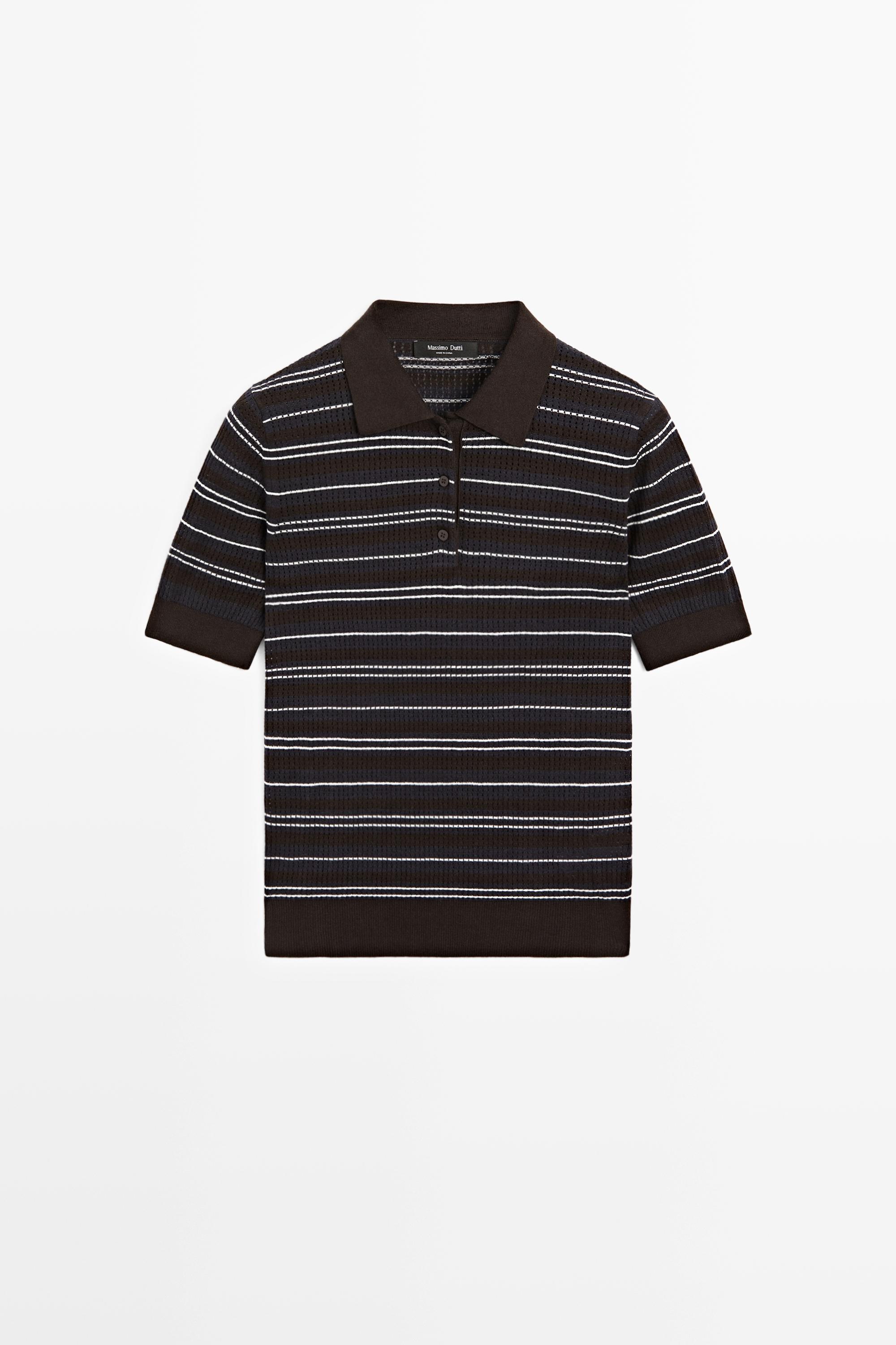 Massimo Dutti Pamuk karışımlı çizgili ajurlu polo yaka t-shirt görsel 6