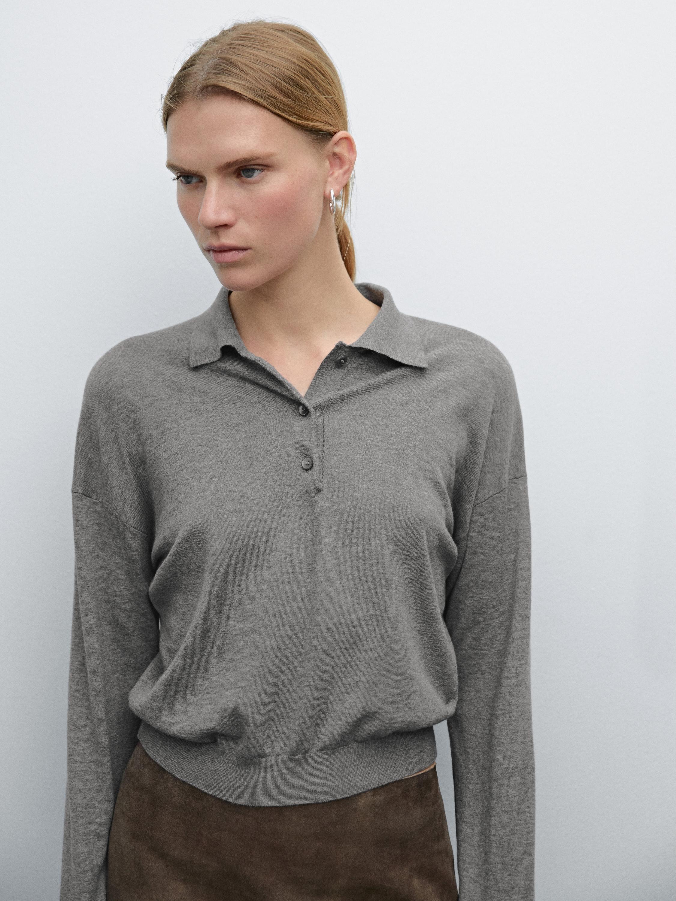 Cotton blend knit polo sweater