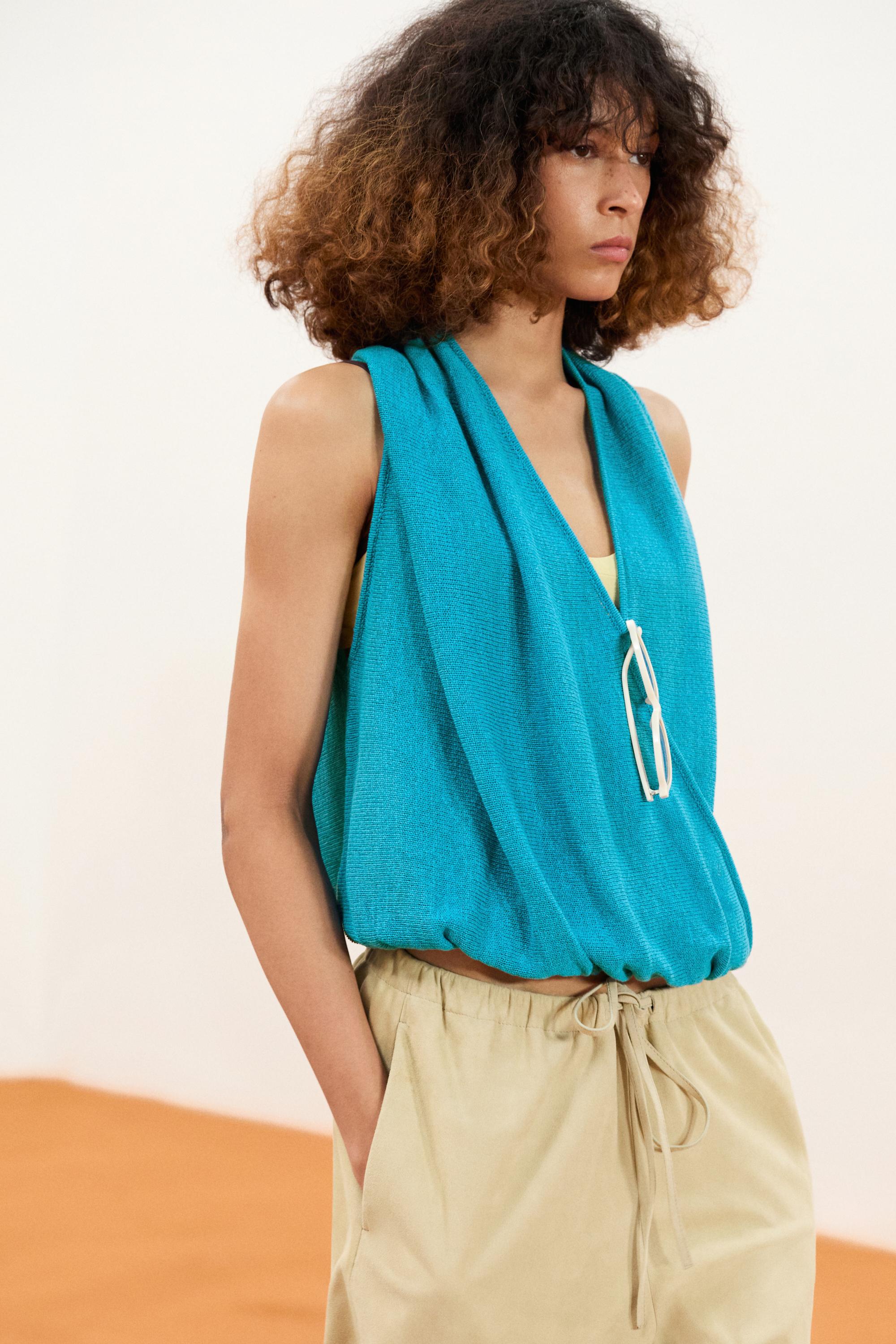 Linen blend crossover top — TURQUOISE