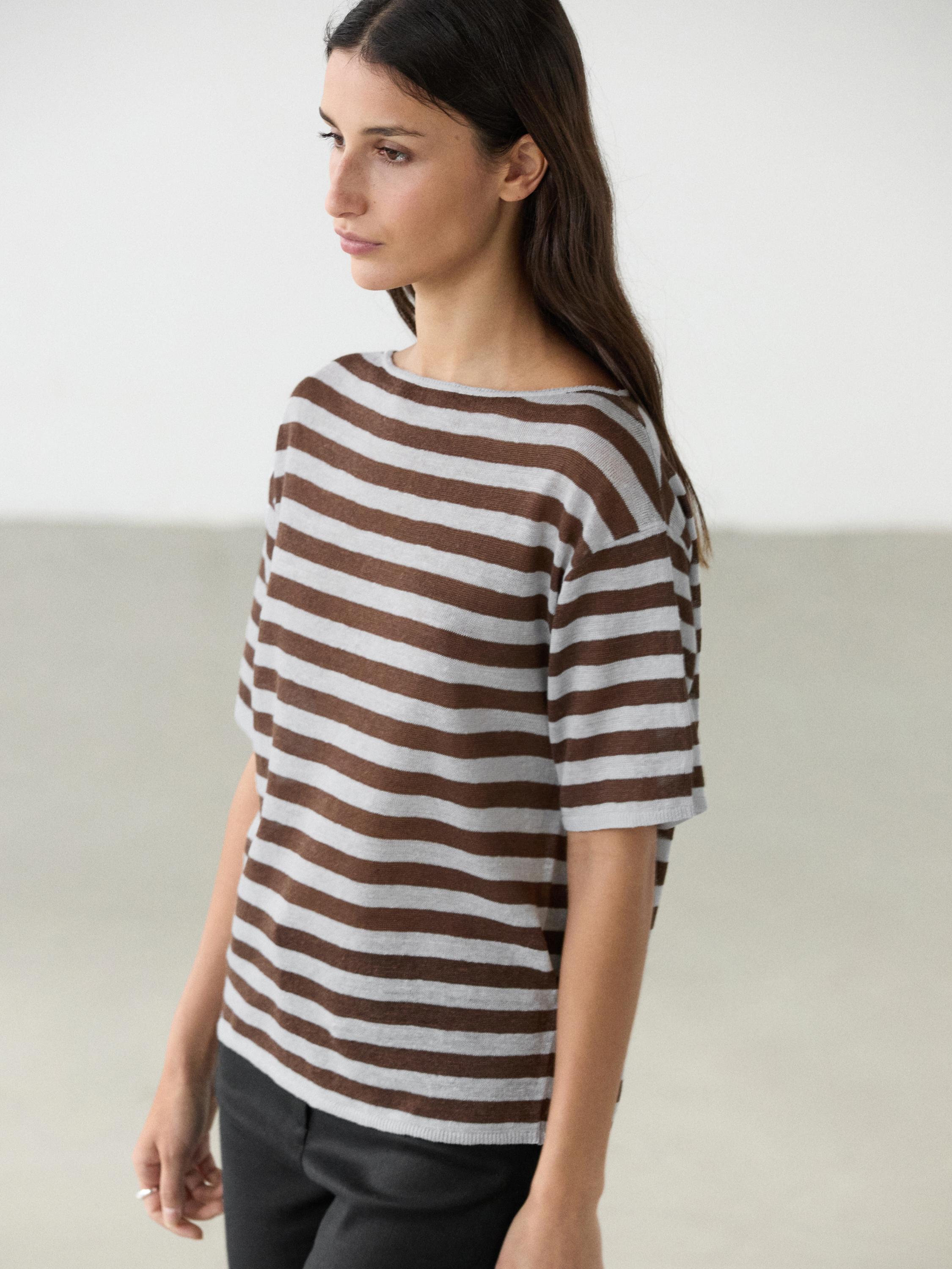 Striped linen boat neck T-shirt