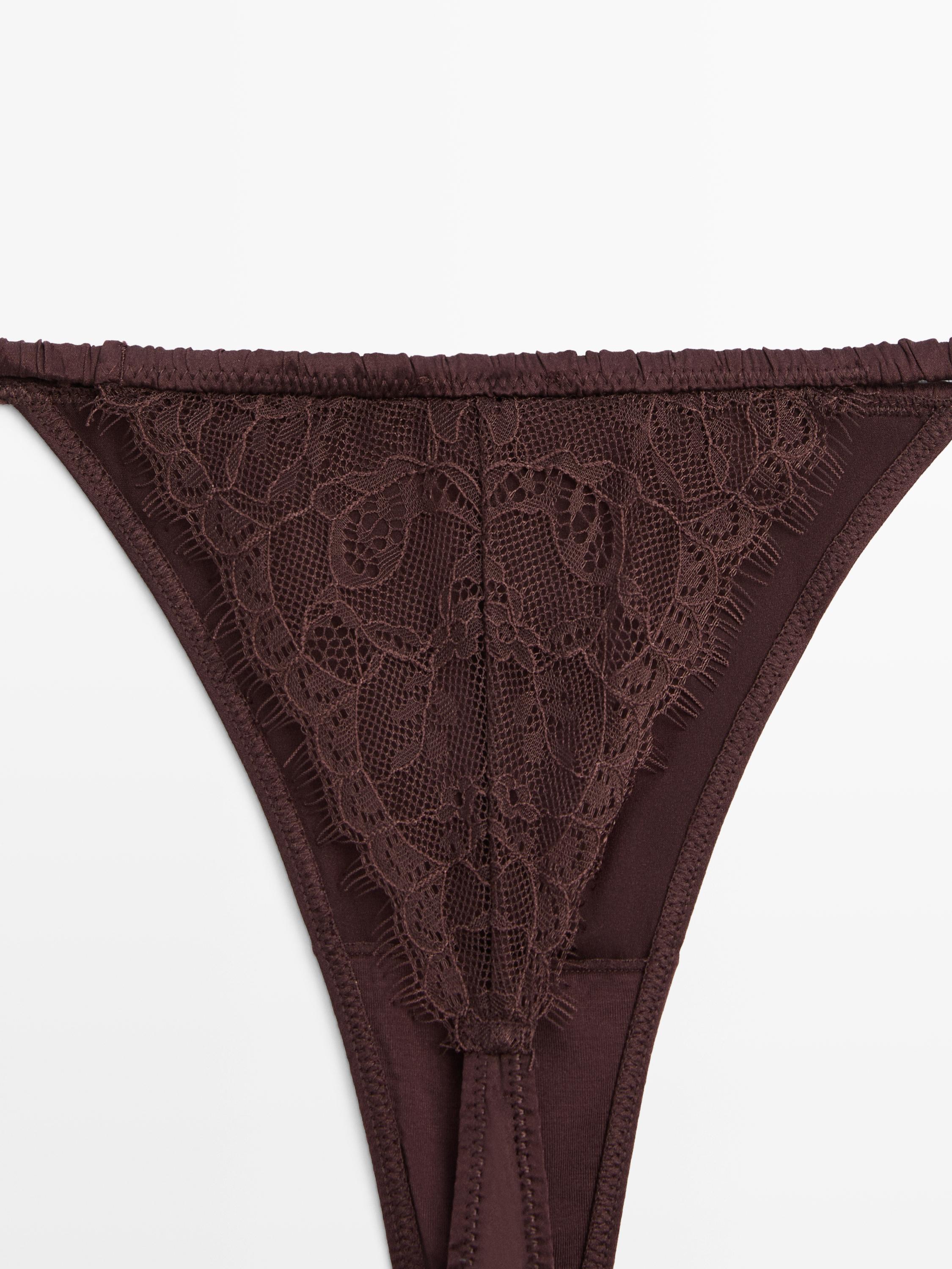 Silk thong with lace detail — BROWN