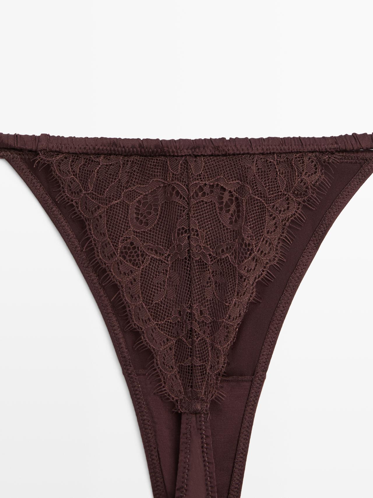 Silk thong with lace detail — BROWN