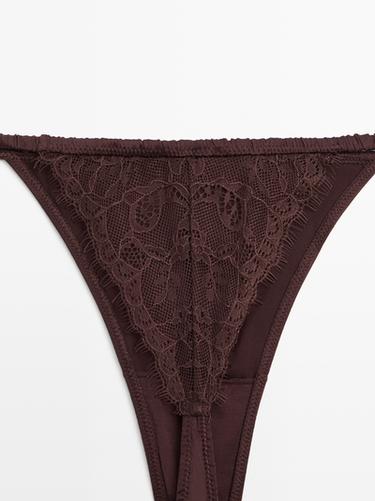 Silk thong with lace detail — BROWN 8