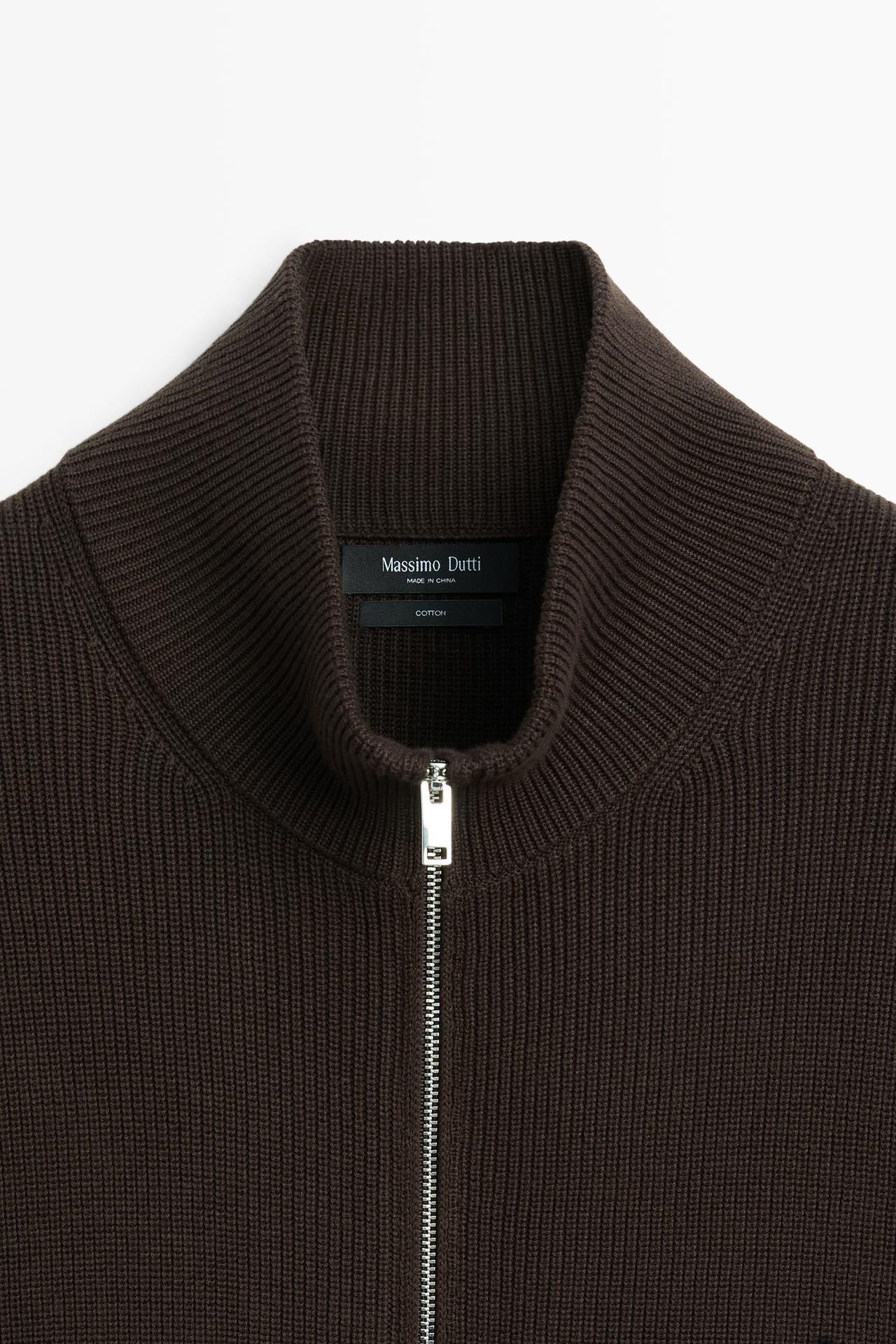 100% cotton ribbed knit cardigan — BROWN MARL