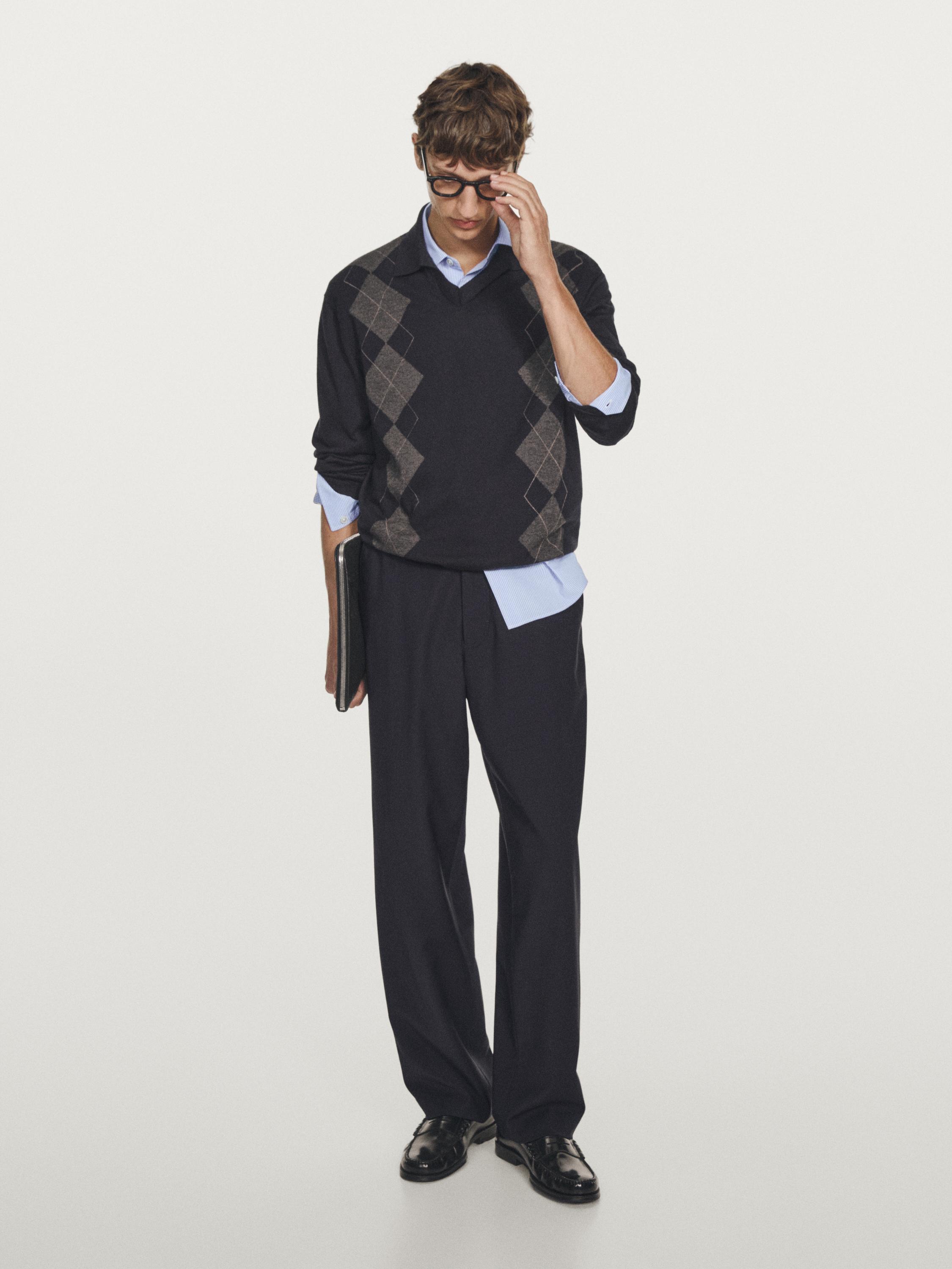 Wool blend Argyle knit polo sweater