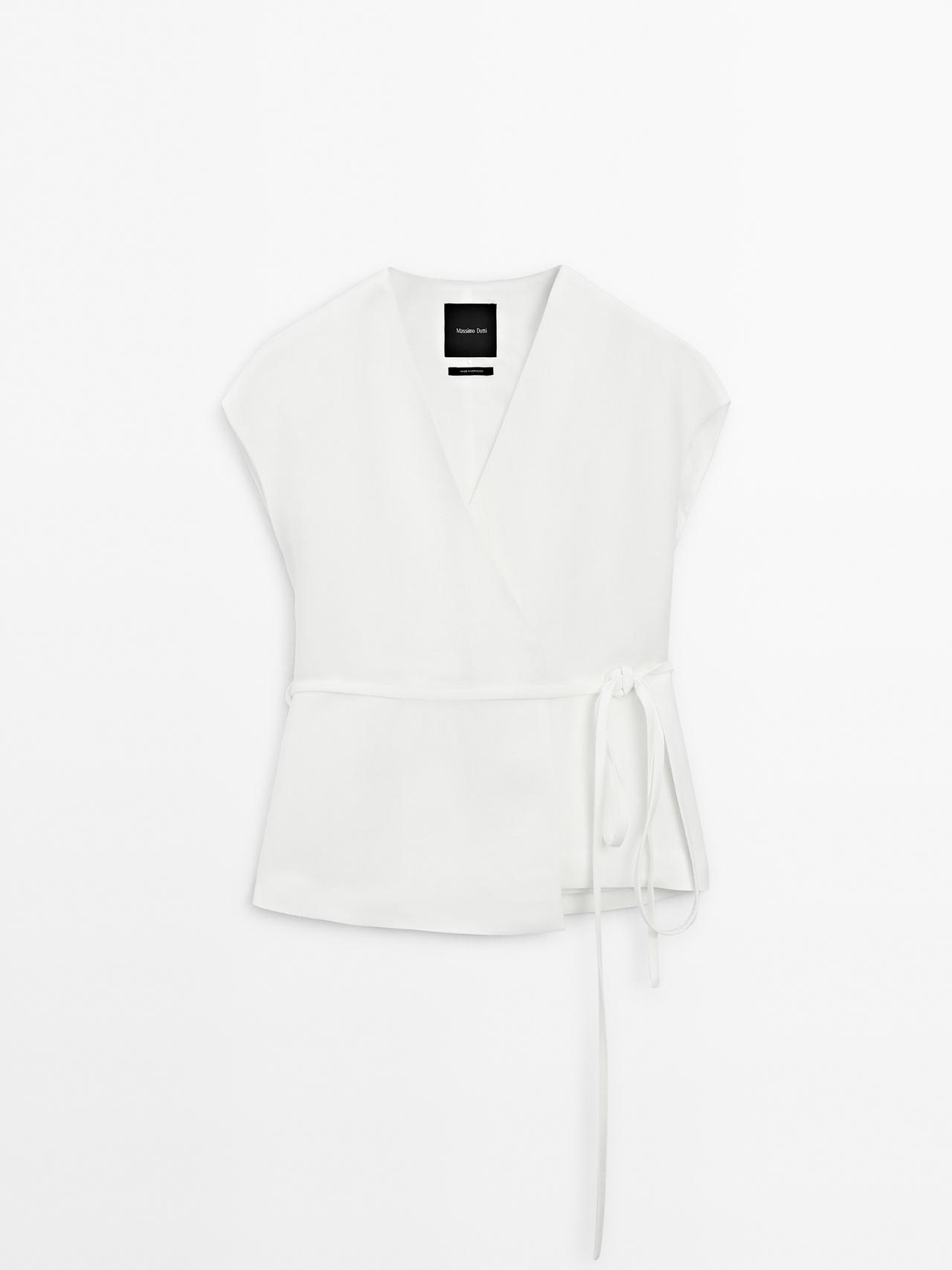 Massimo Dutti - Dame - Overlappende Kimono I Hørblanding Med Bindedetalje - Råhvid - L