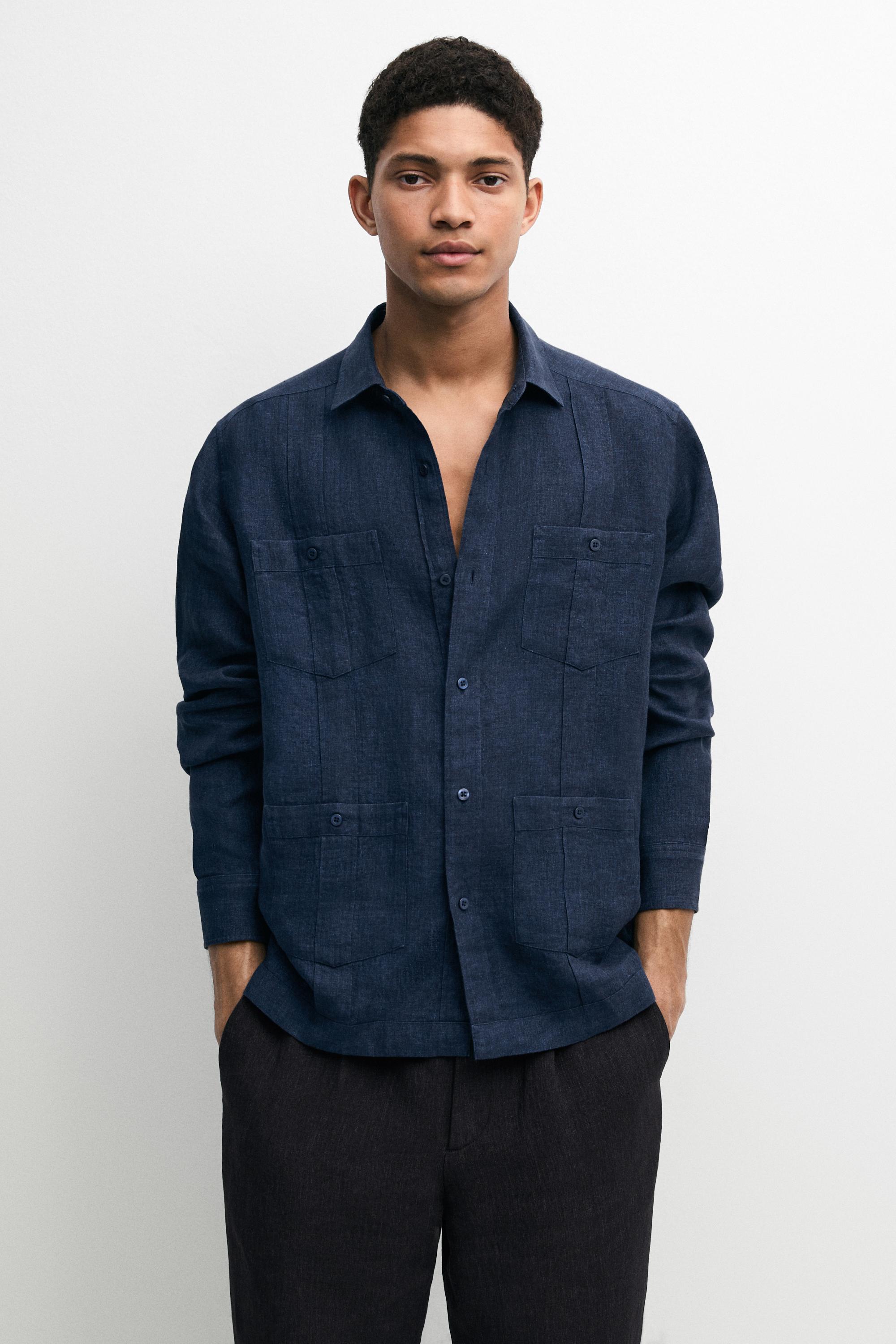 Regular fit 100% linen shirt with pockets — DEEP BLUE