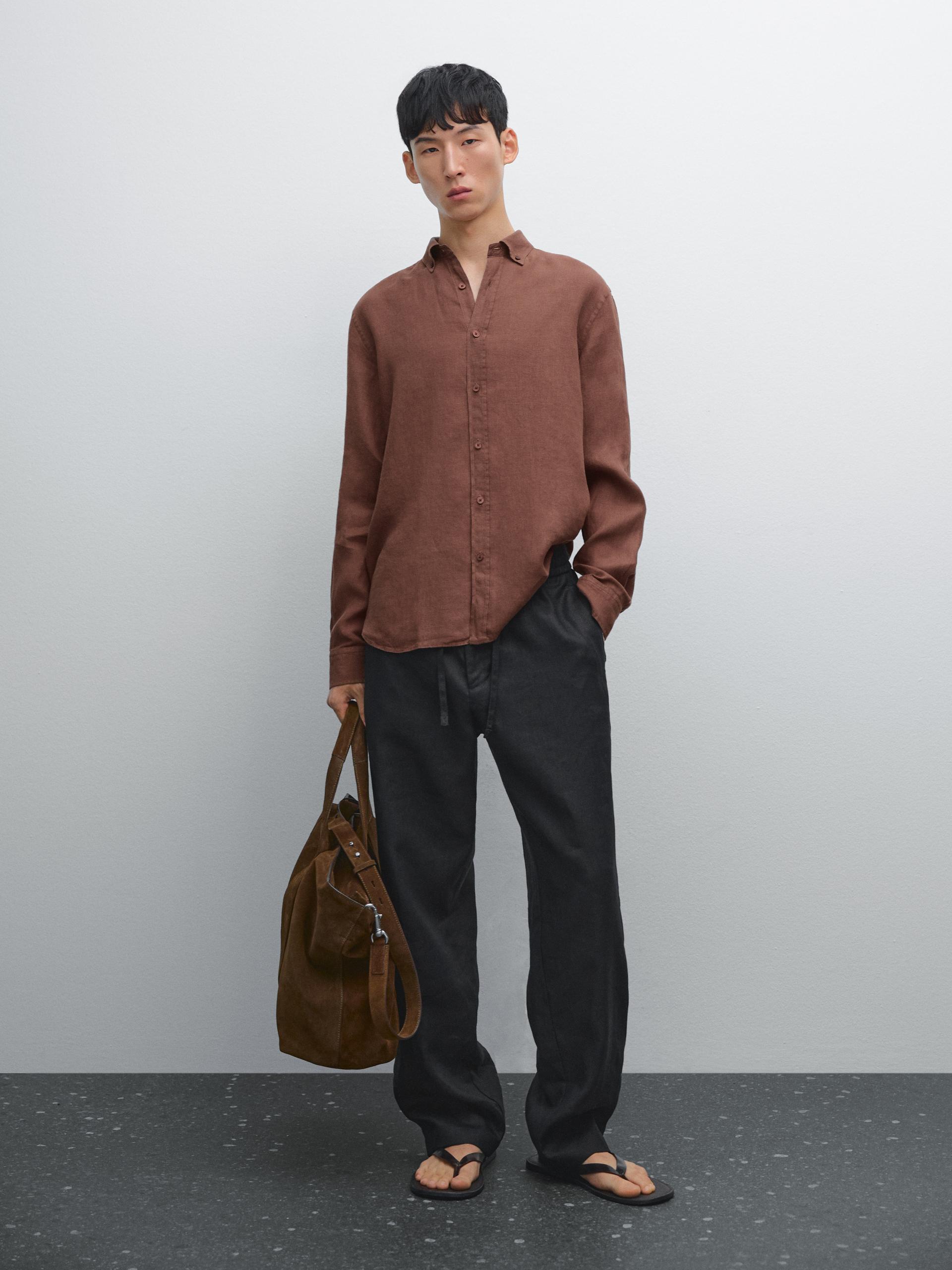 Koszula Regular Fit Ze 100% Lnu - Bordowy - L - Massimo Dutti - Mężczyzna