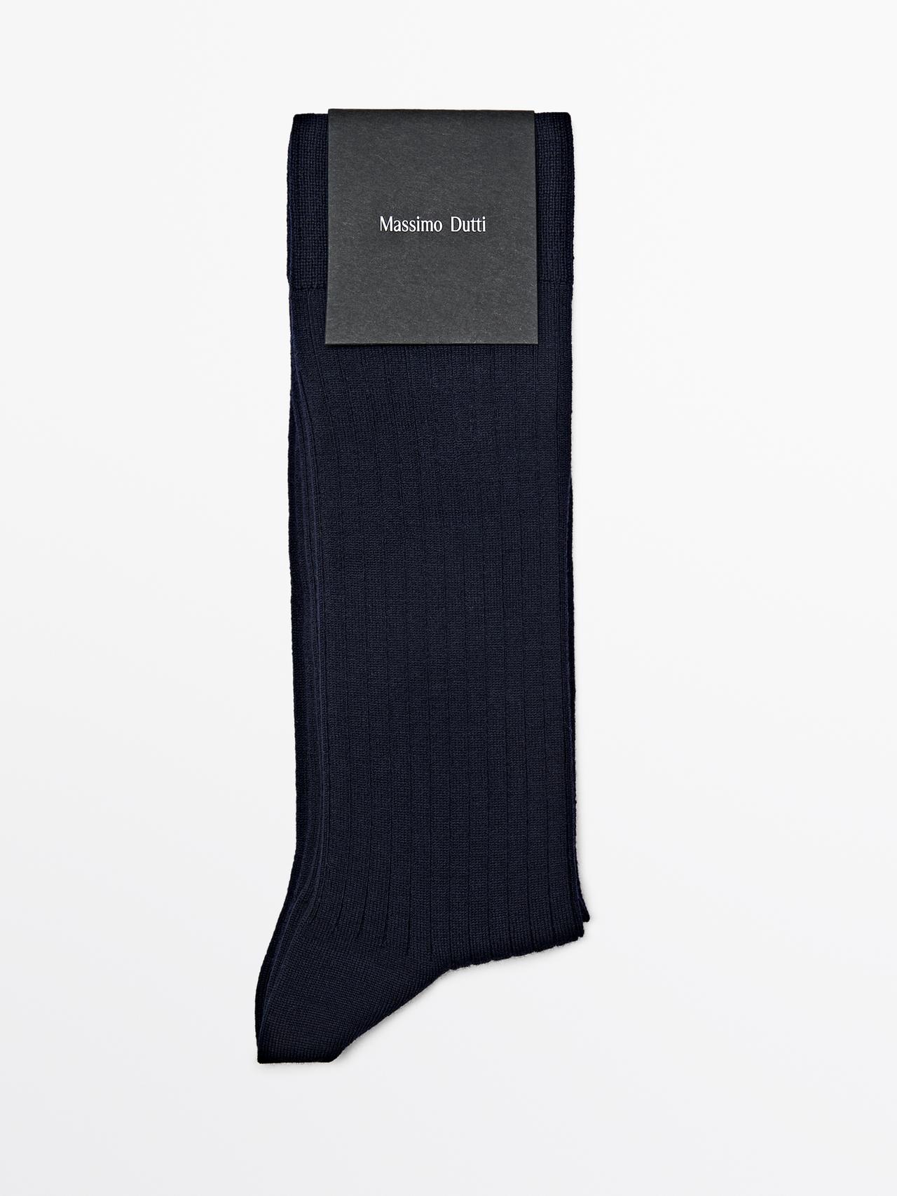 Massimo Dutti - Heren - Geribde Tricot Sokken Van Wolmix - Marineblauw - 01