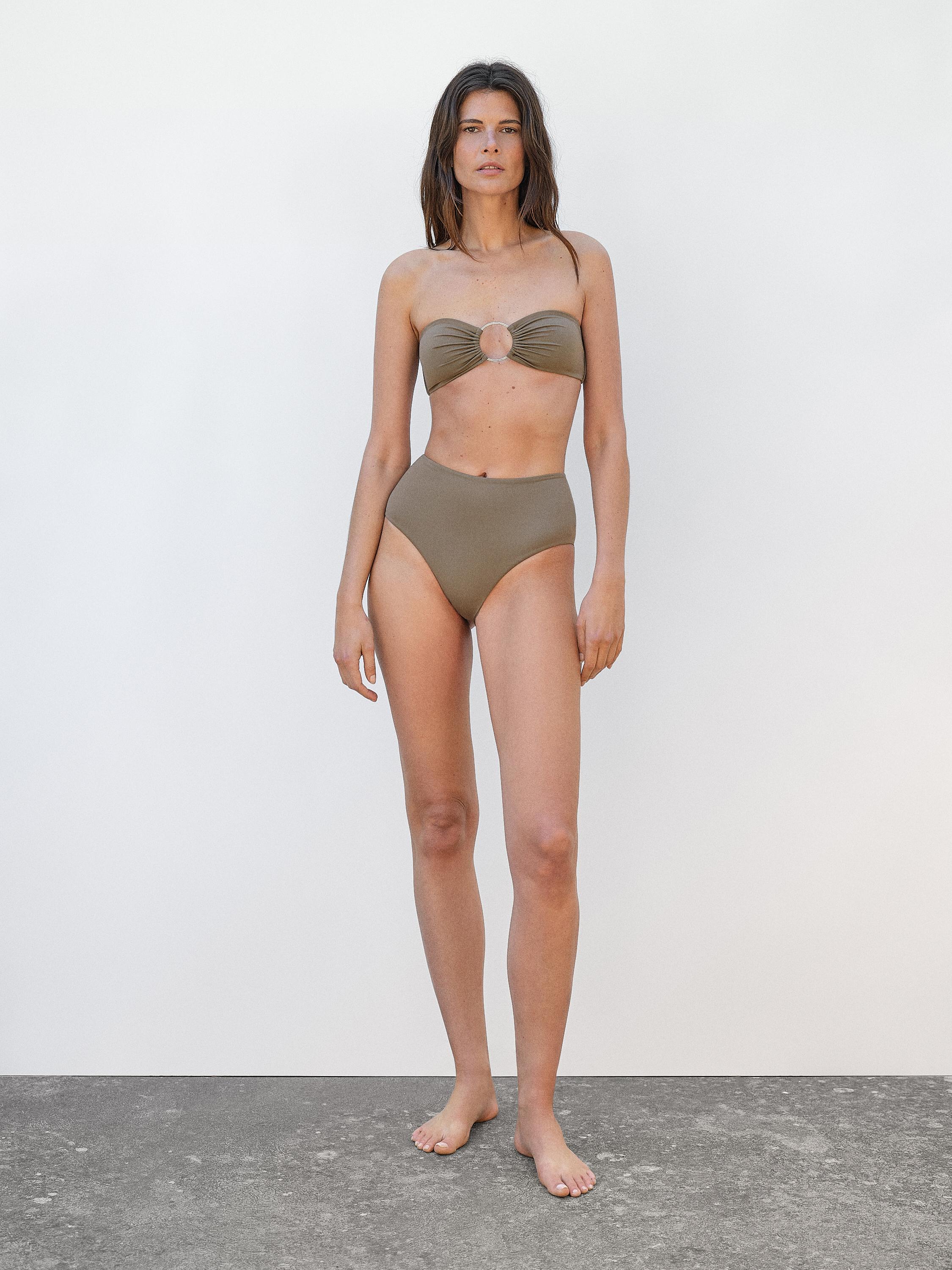 Ensemble de bikini vert olive avec haut bandeau et armature centrale, culotte taille haute.
