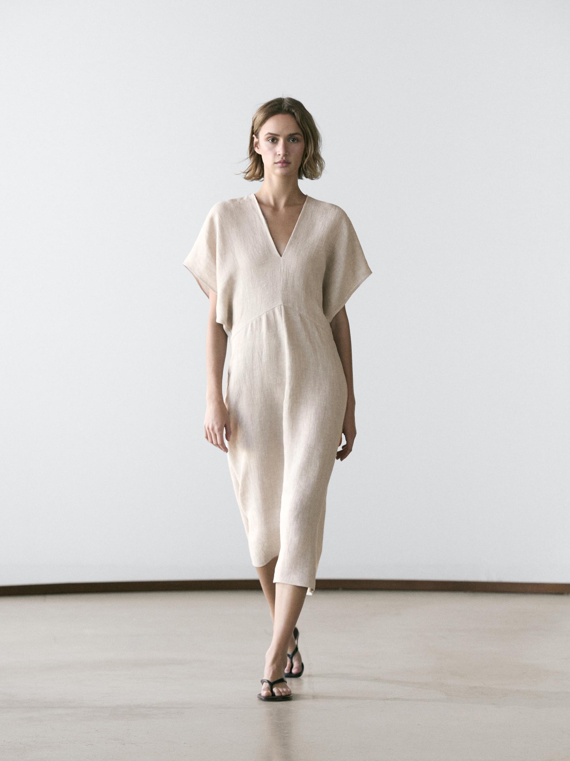 Vestito Midi Leggero A Maniche Corte In Lino - Ecru - 38 (It 42) - Massimo Dutti - Femminile