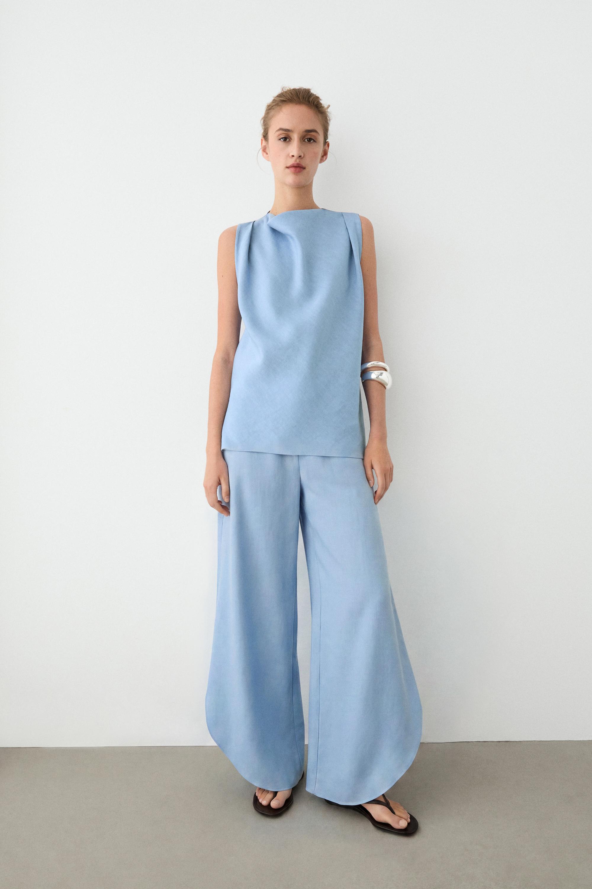 Voluminous flowing linen blend pants — SKY BLUE