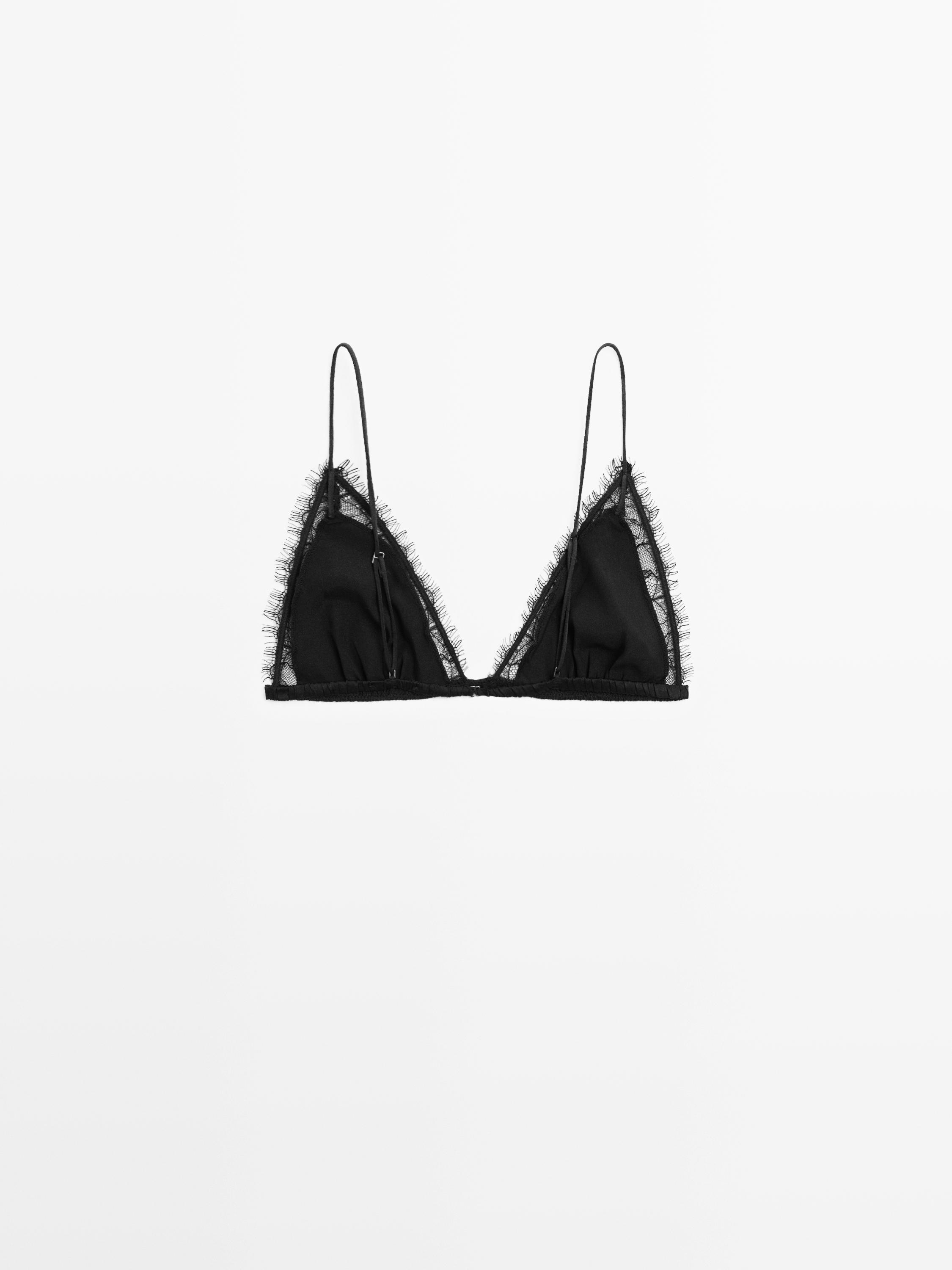 Silk and lace triangle bralette — BLACK