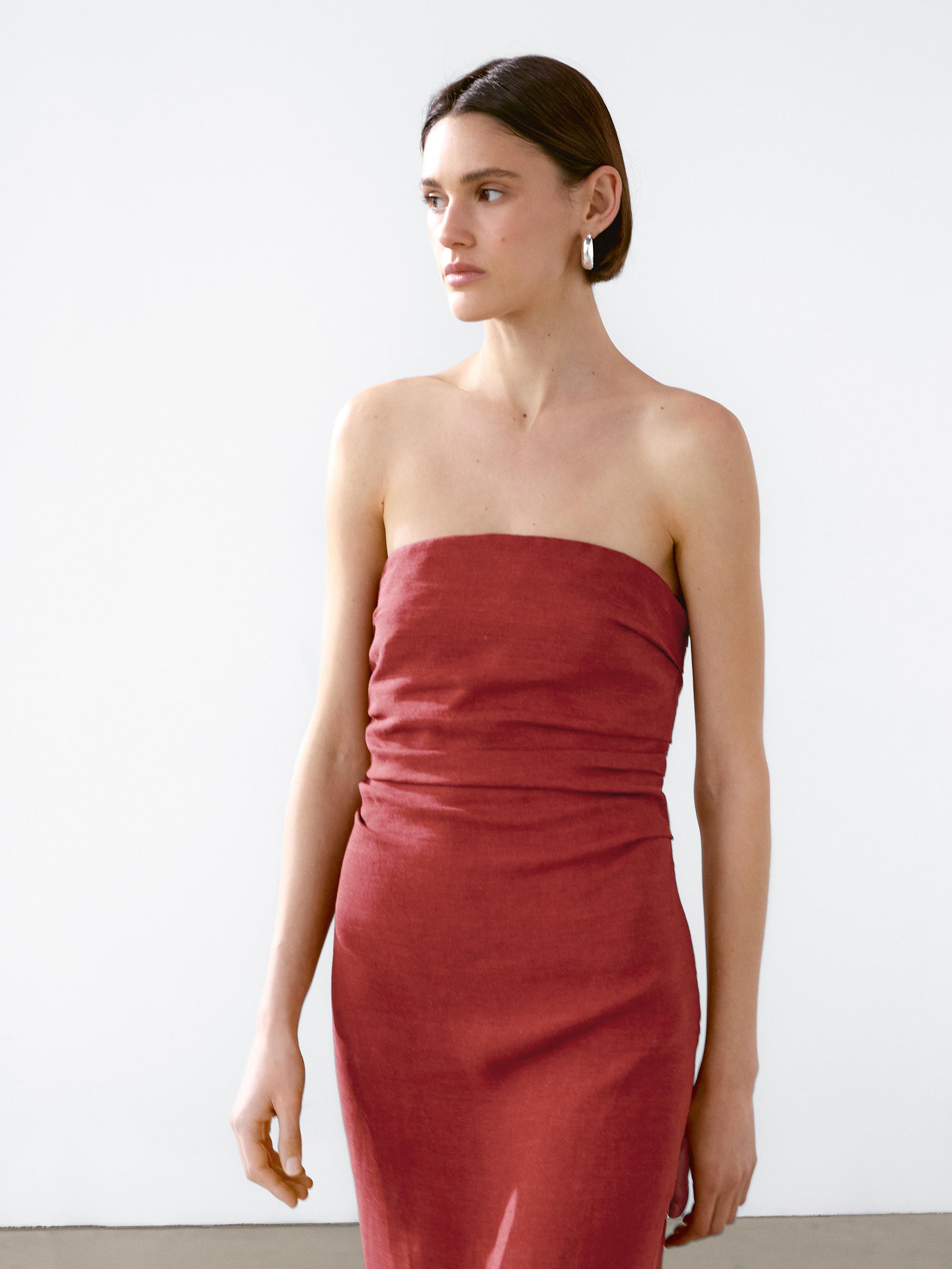 Strapless linen midi dress