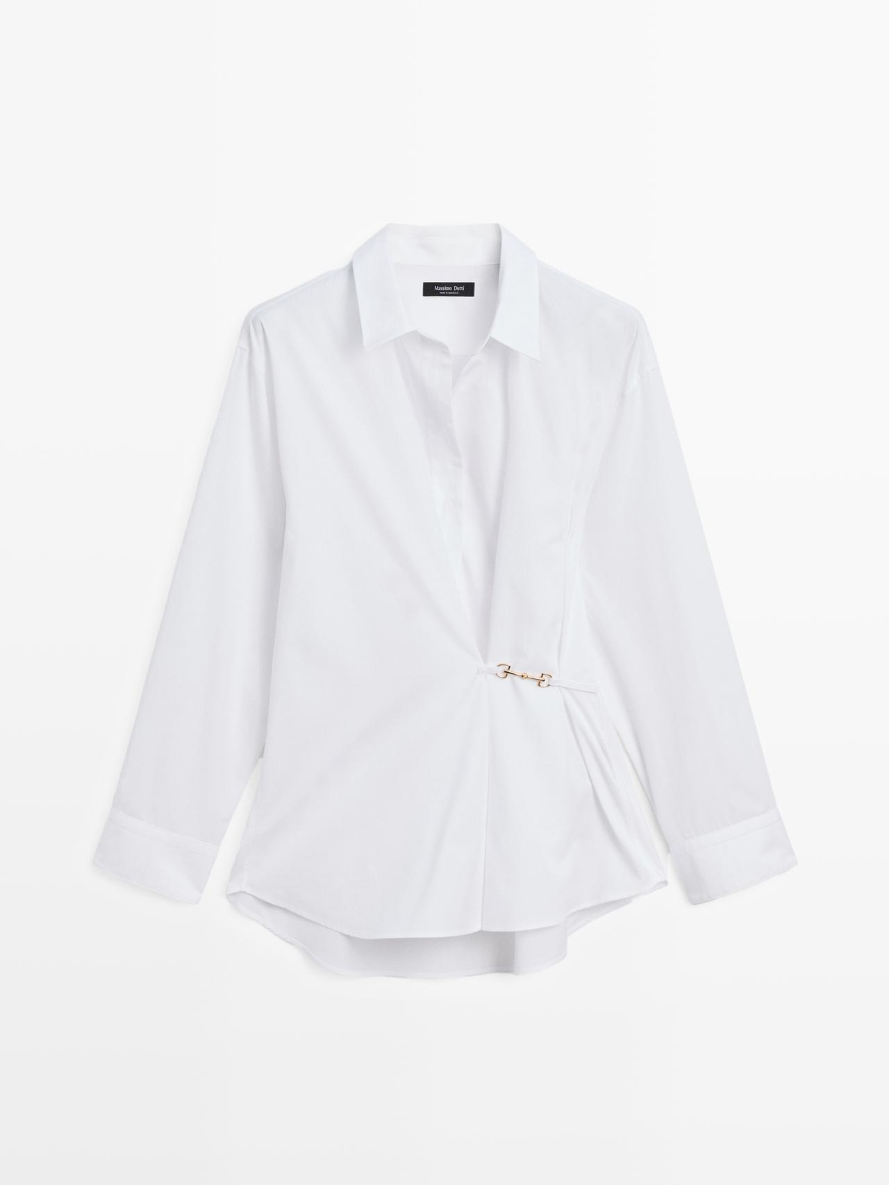 Massimo Dutti - Dame - Skjorte I Poplin Af 100 % Bomuld Med Metallisk Detalje - Hvid - L