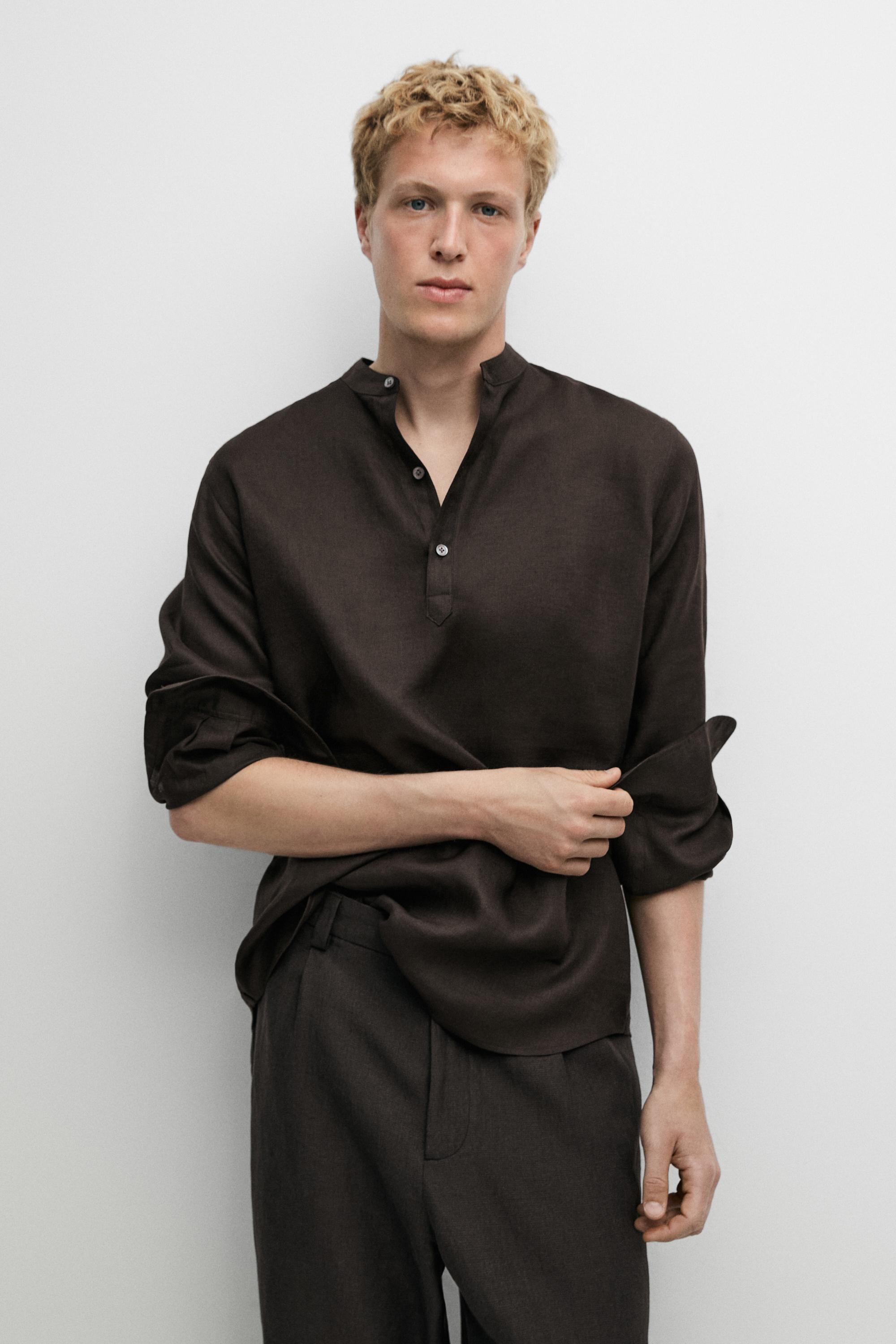 Regular fit stand collar 100% linen shirt — Chocolate