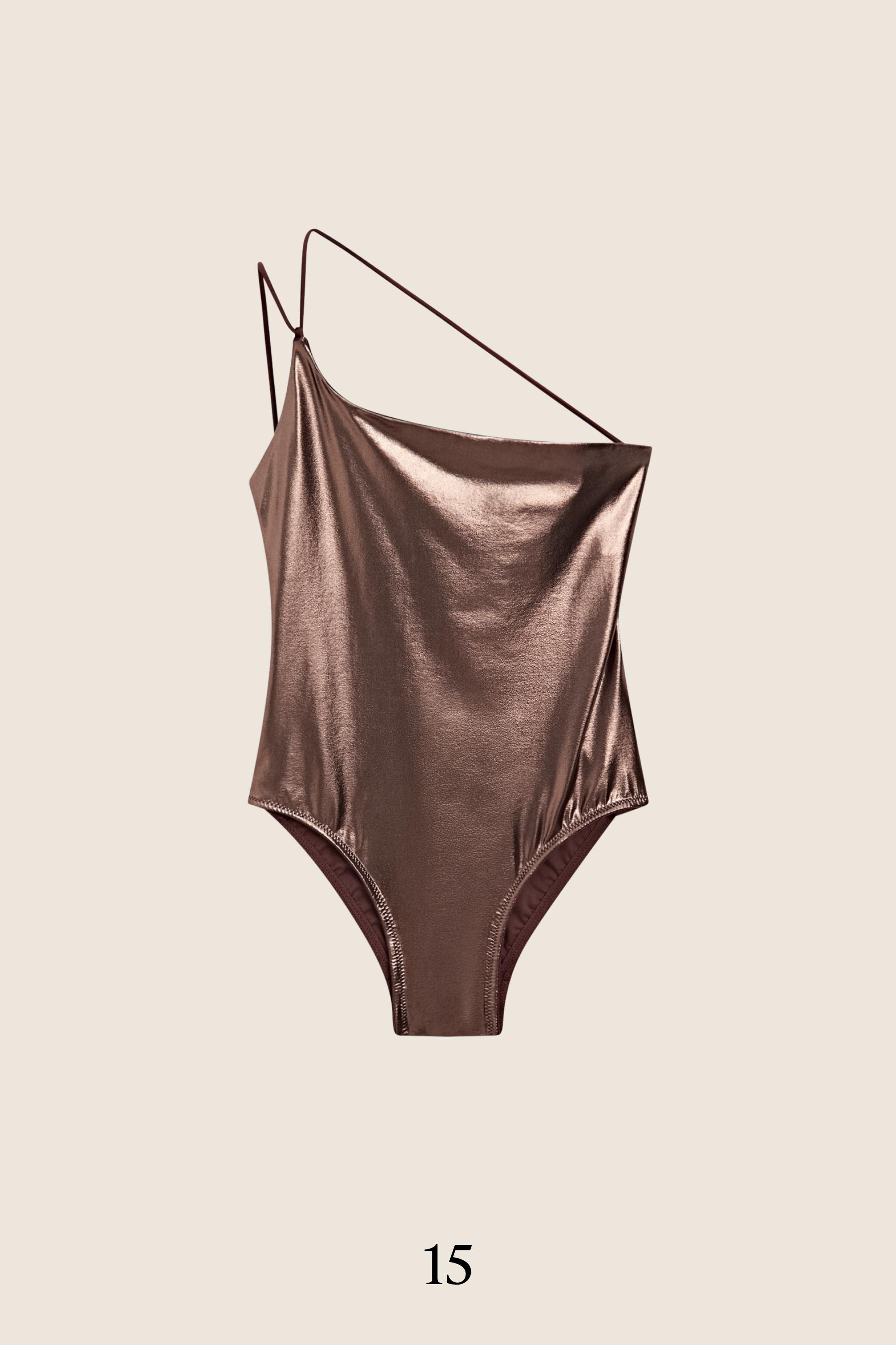 Swimsuit with asymmetric strap — BROWN