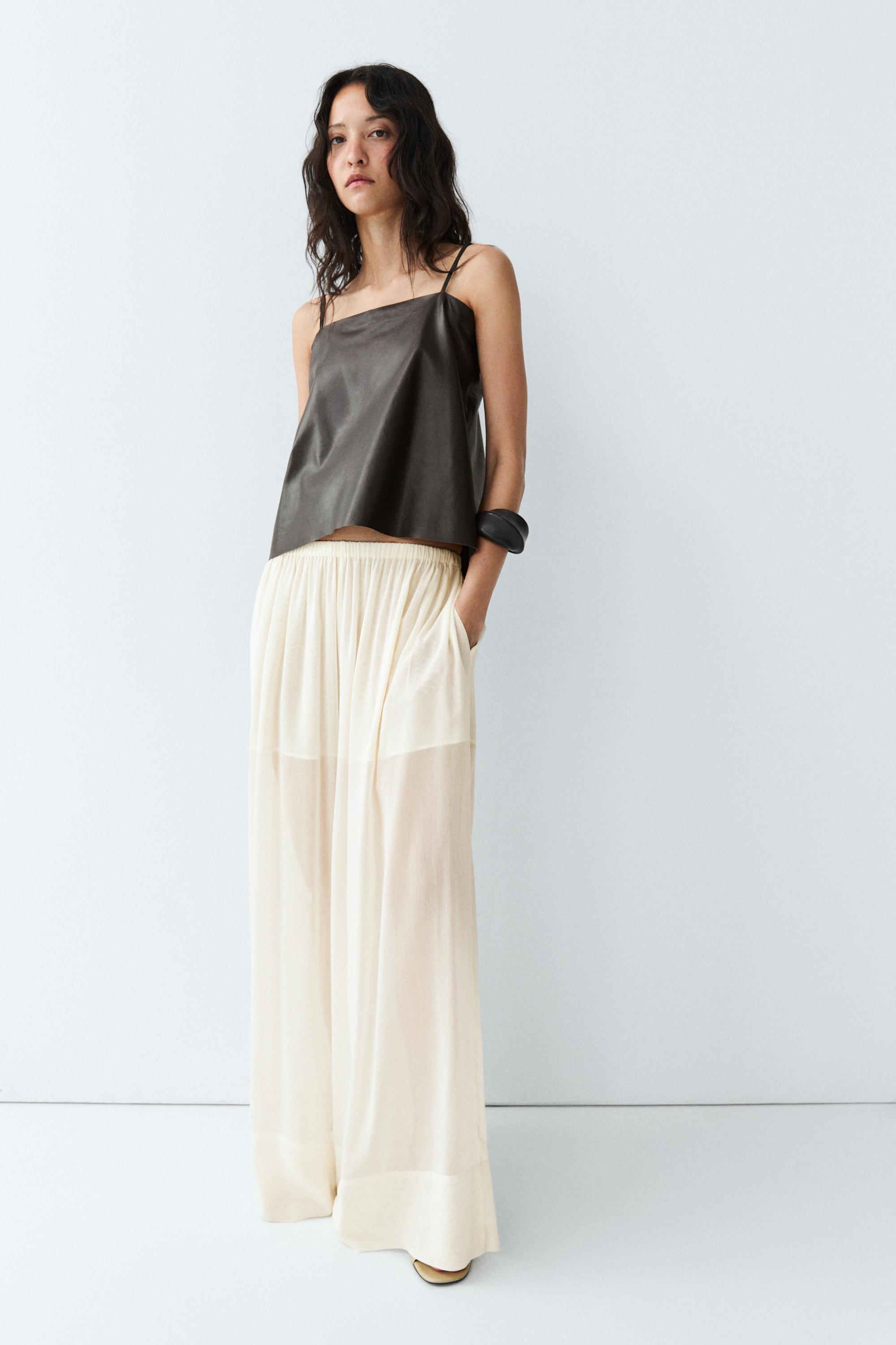 Nappa leather strappy top with back detail — BROWN