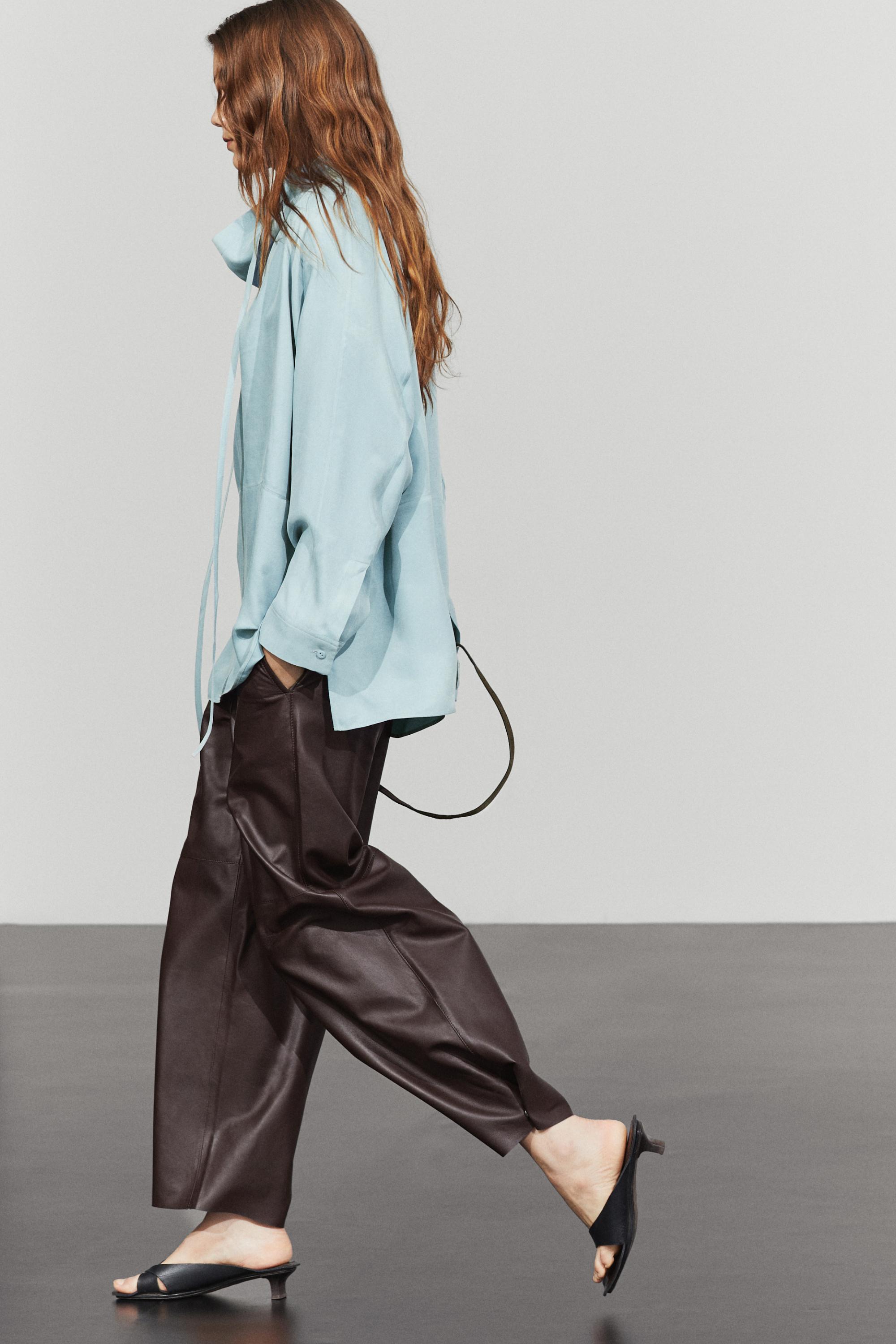Flowing shirt with high collar and drawstring detail — GREY BLUE