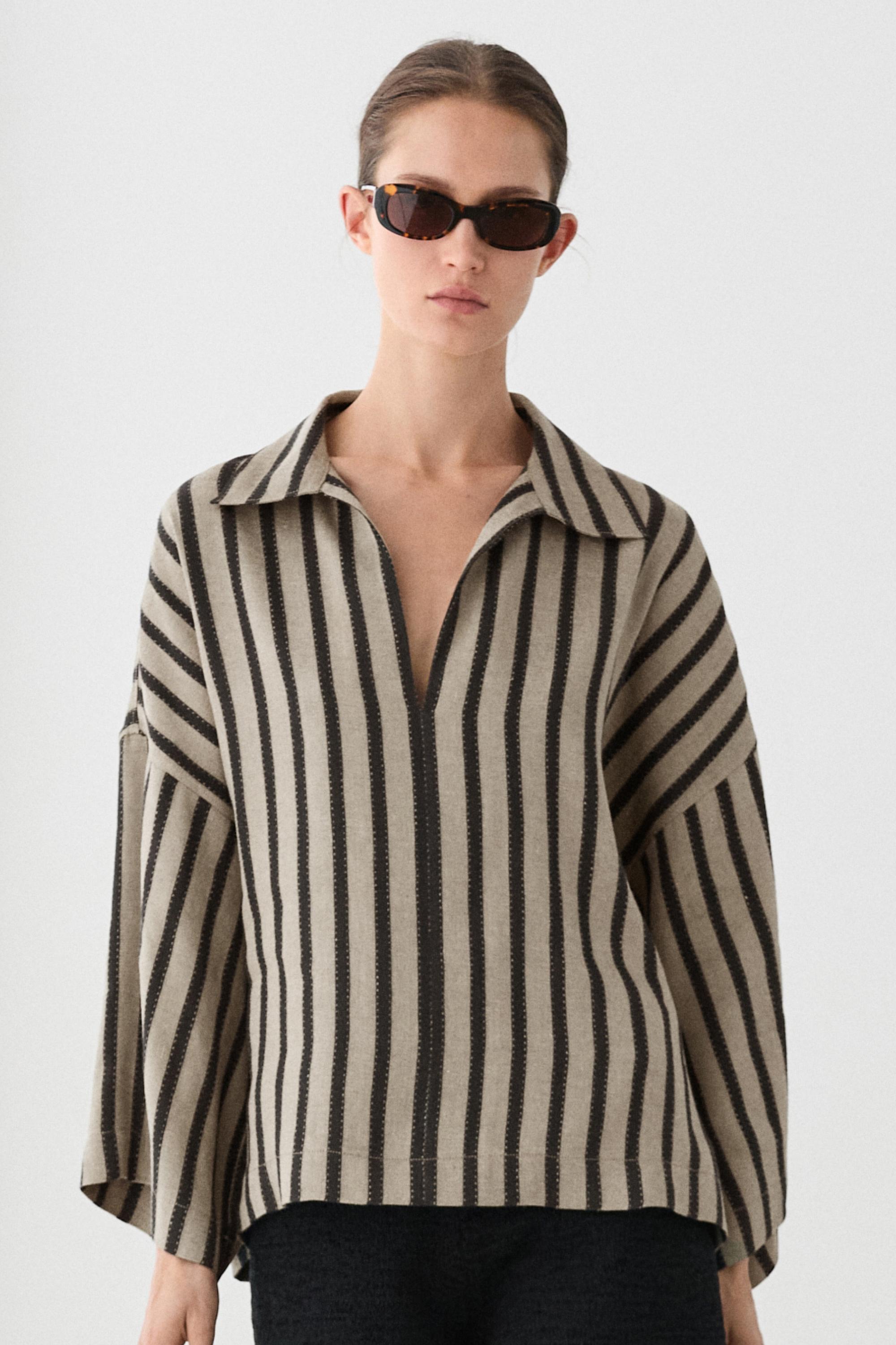 Oversize striped linen blend blouse — SAND
