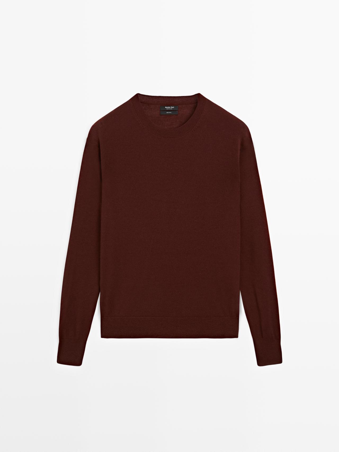 Massimo Dutti - Dame - Finstrikket Trøje I 100 % Uld Med Rund Hals - Granatrød - S