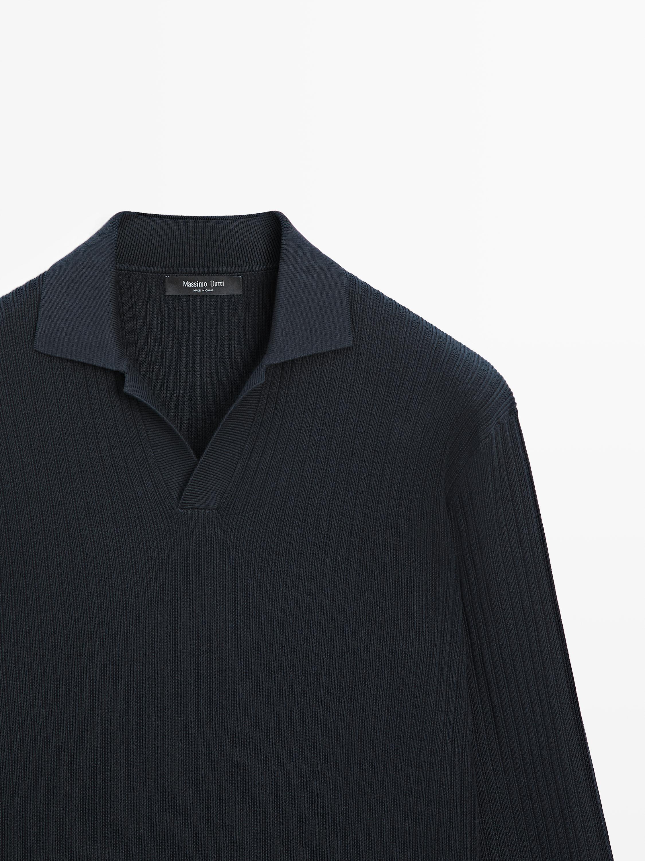 Cotton blend knit polo sweater — NAVY BLUE