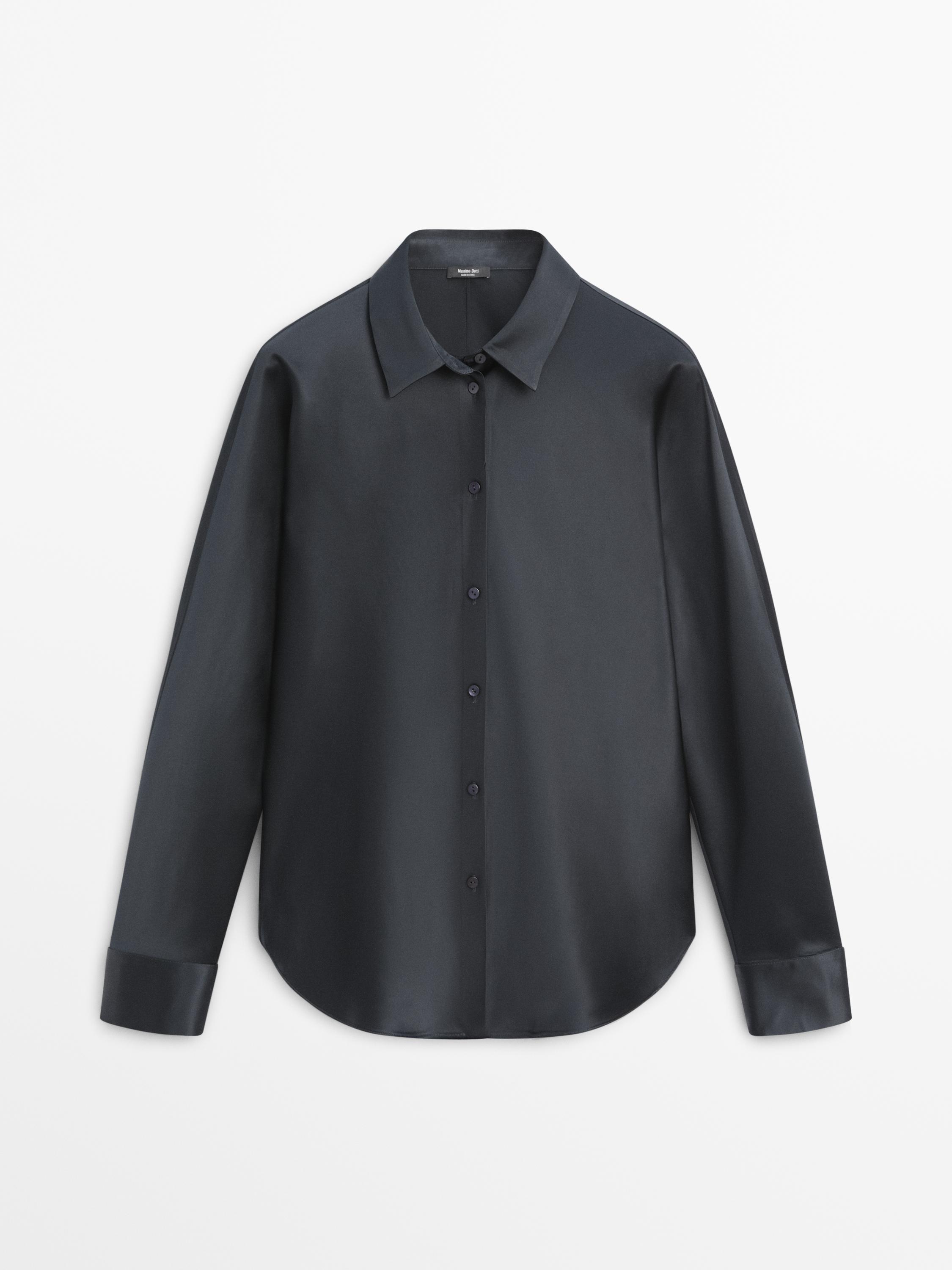 Front view of a dark blue satin shirt with a classic collar and central button placket. Long sleeves with cuffs.