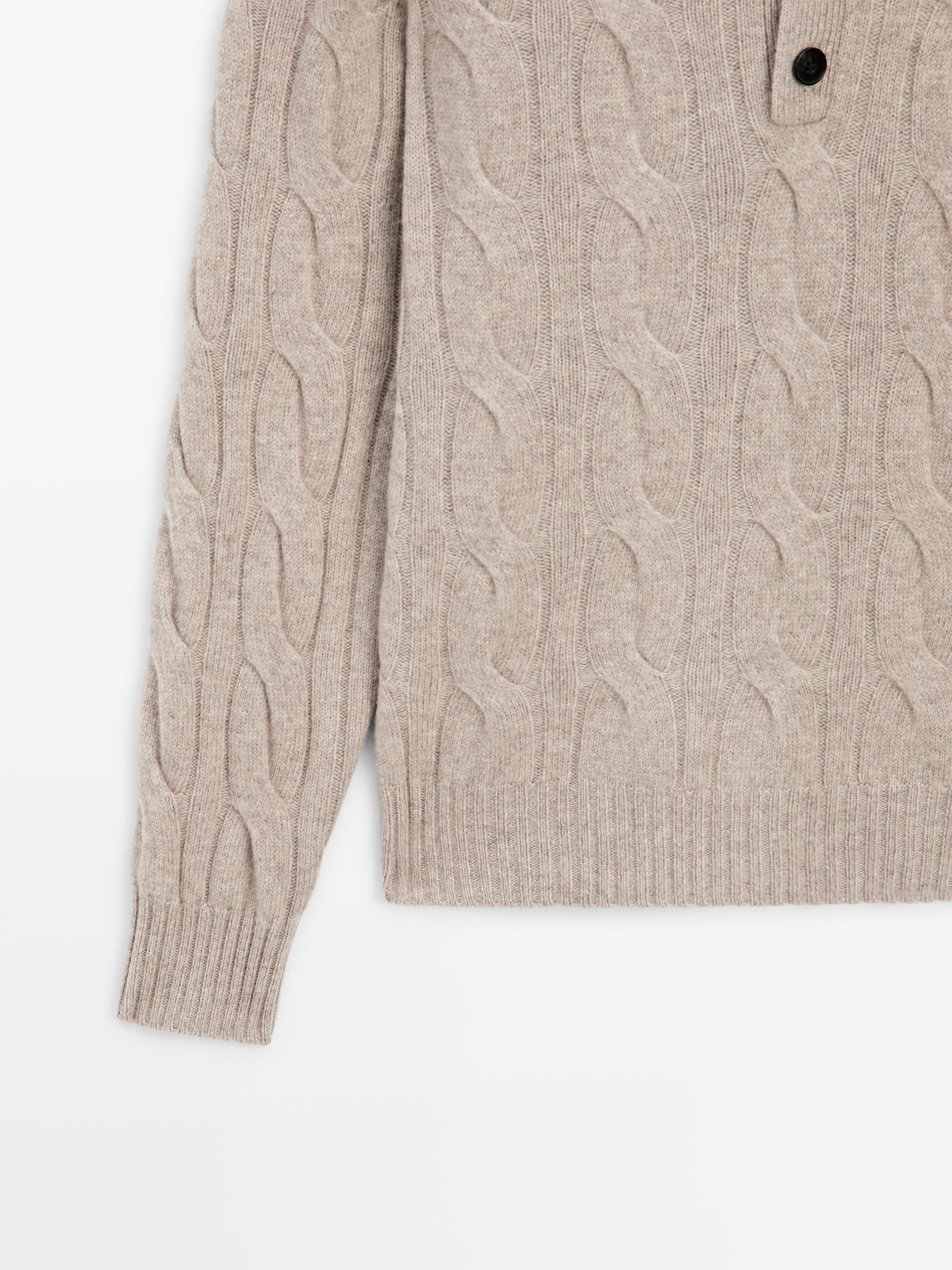 Wool cable-knit polo sweater — Sand