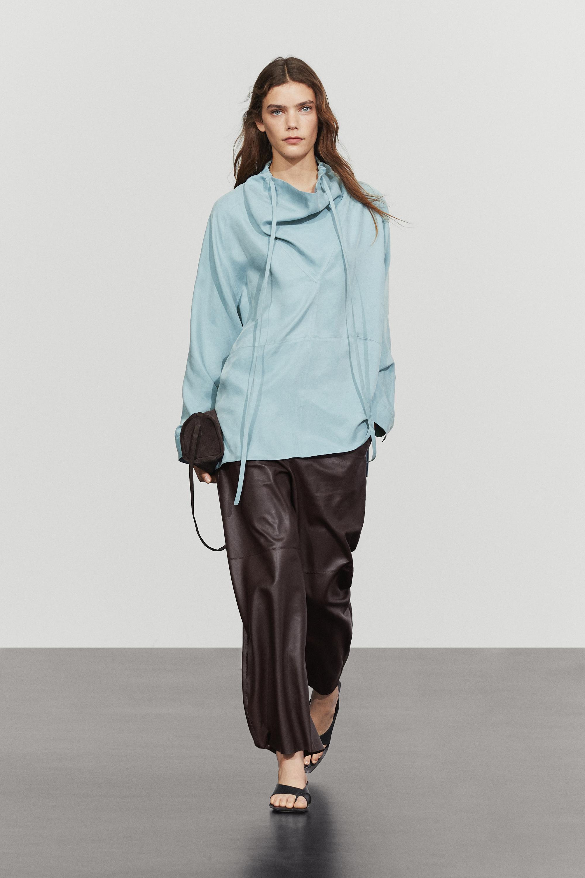 Flowing shirt with high collar and drawstring detail — GREY BLUE