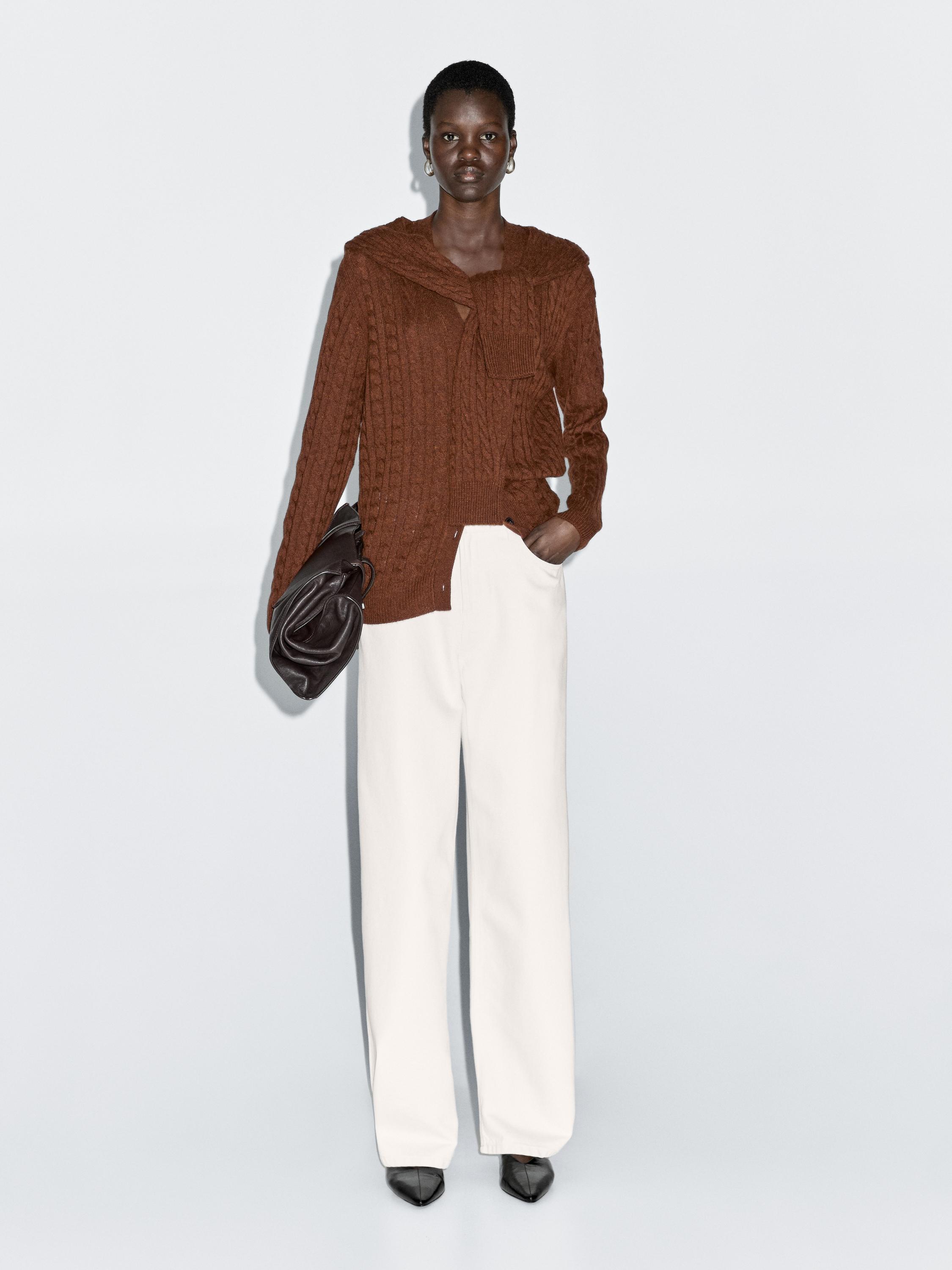 Wool blend cardigan with scarf detail · Toffee · Tops And Other Garments Massimo Dutti