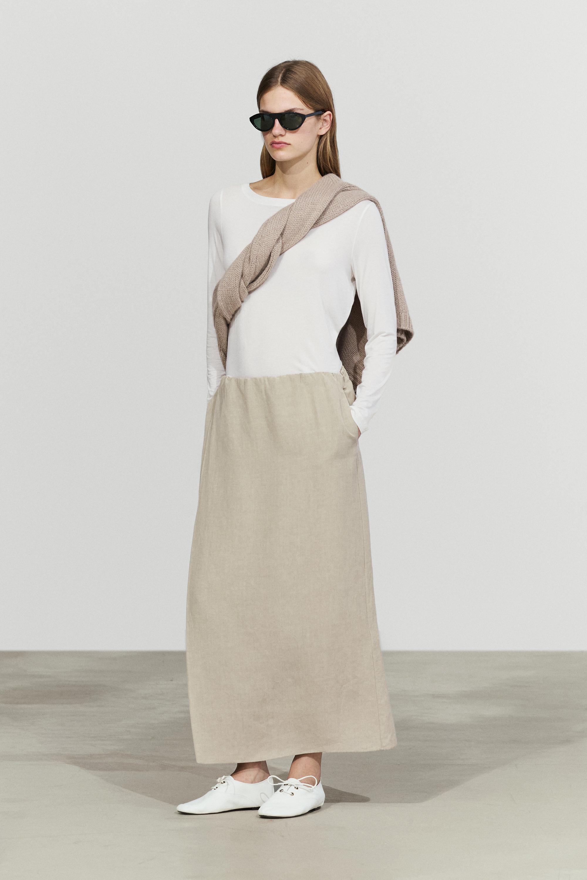Double-layer midi skirt - STUDIO — PALE KHAKI